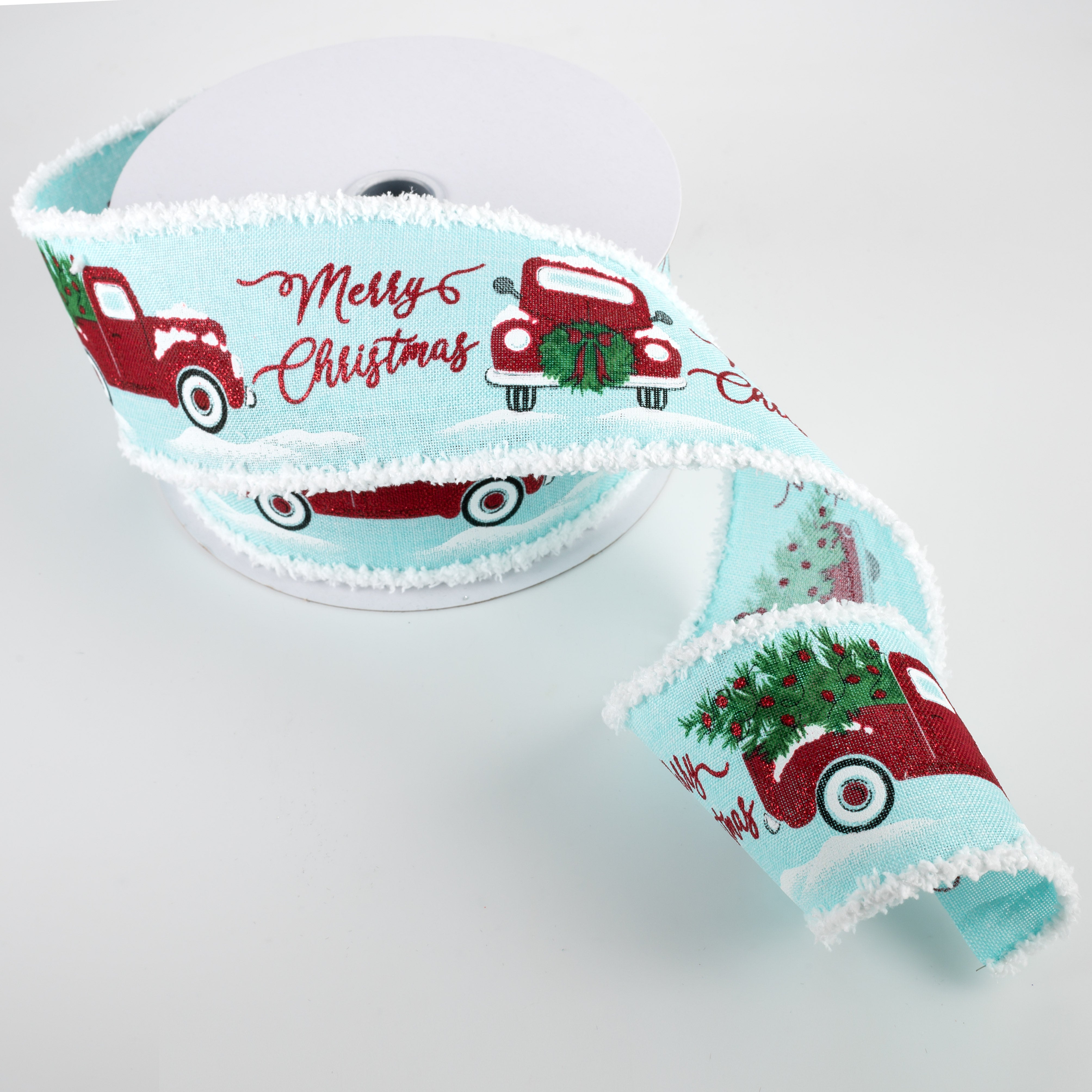 2.5" Merry Christmas Truck Fuzzy Edge Ribbon: Ice Blue (10 Yards) Lifestyle Photo