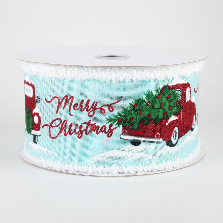 2.5" Merry Christmas Truck Fuzzy Edge Ribbon: Ice Blue (10 Yards)