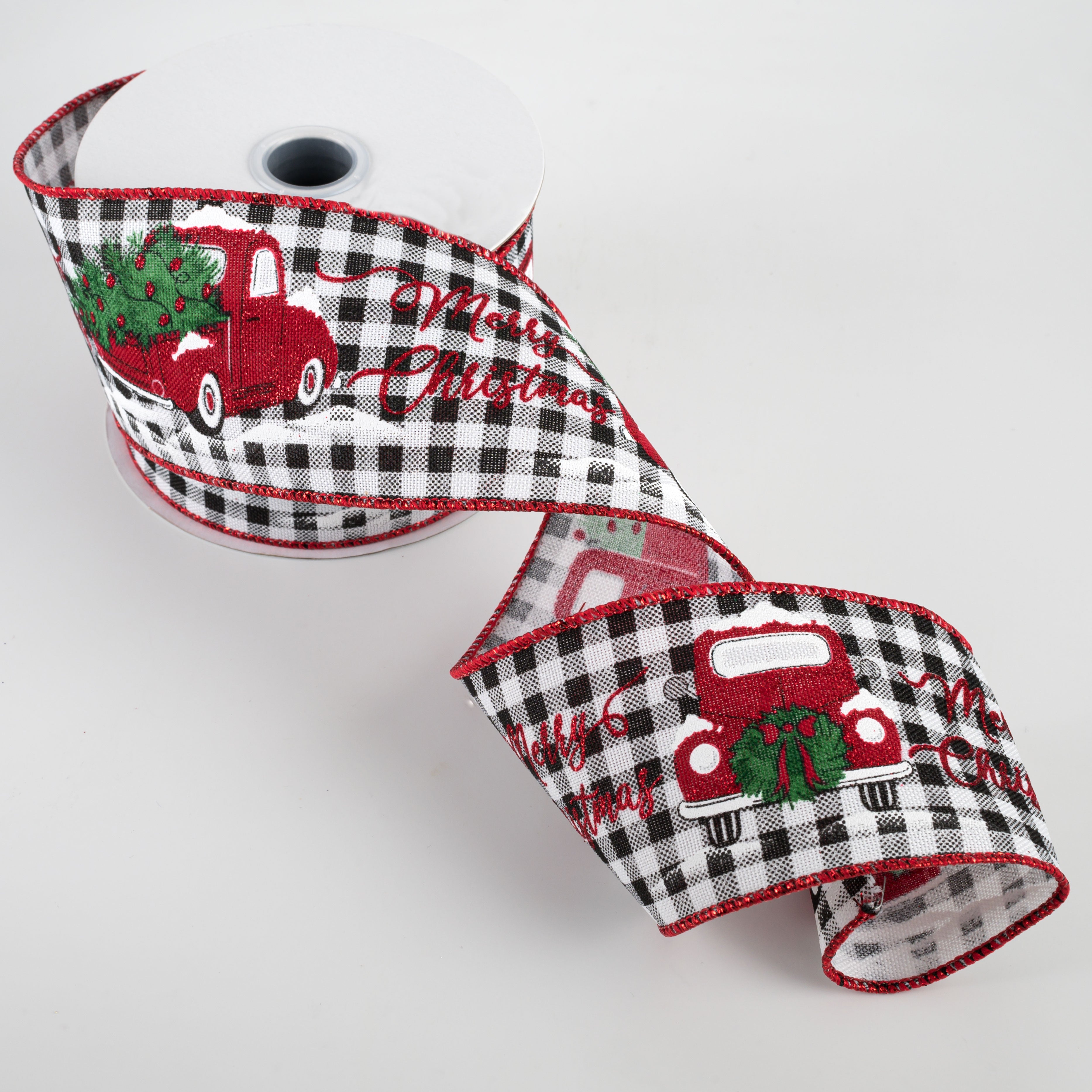2.5" Merry Christmas With Truck Gingham Ribbon: Black & White (10 Yards) Lifestyle Photo