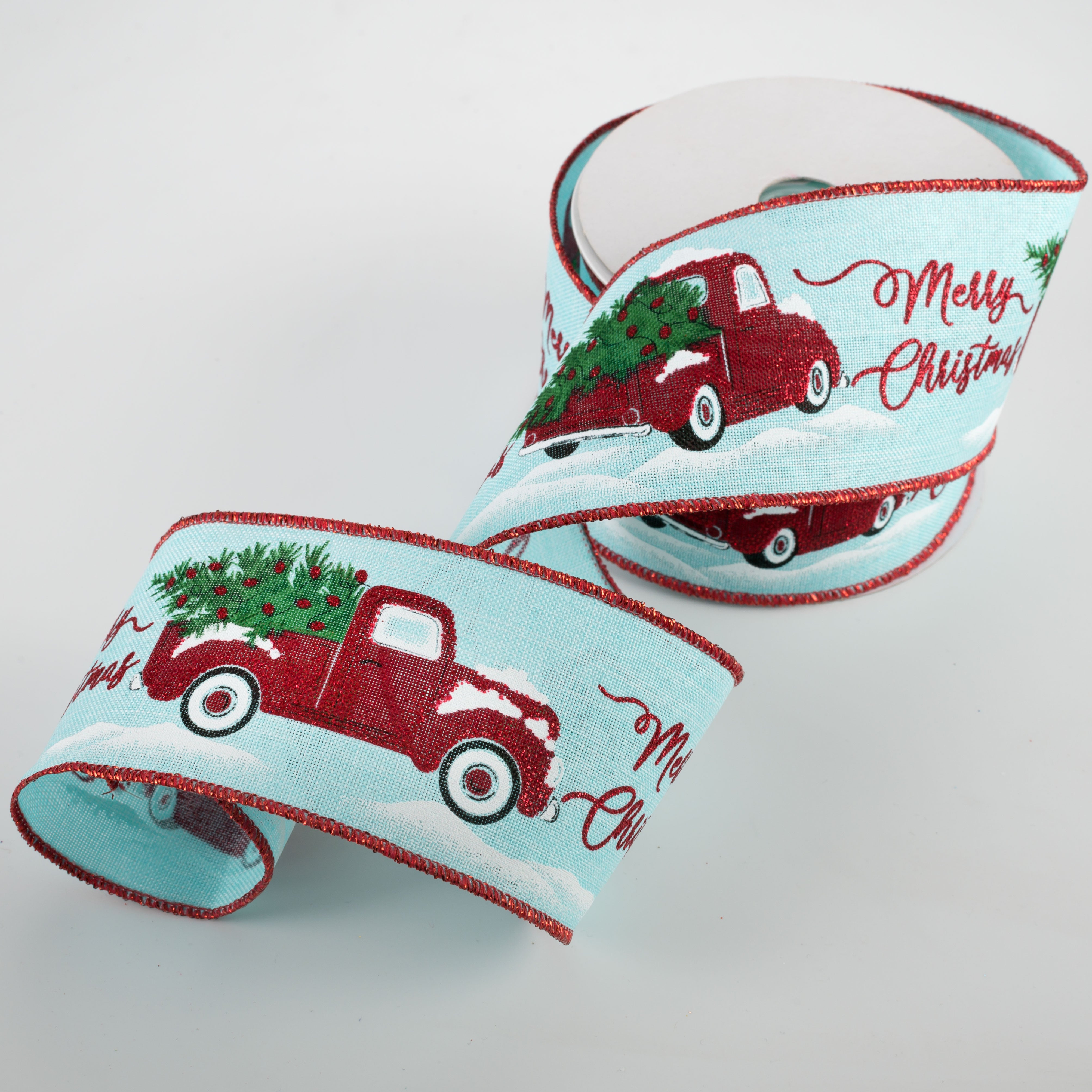 2.5" Merry Christmas With Truck Ribbon: Ice Blue (10 Yards) Lifestyle Photo