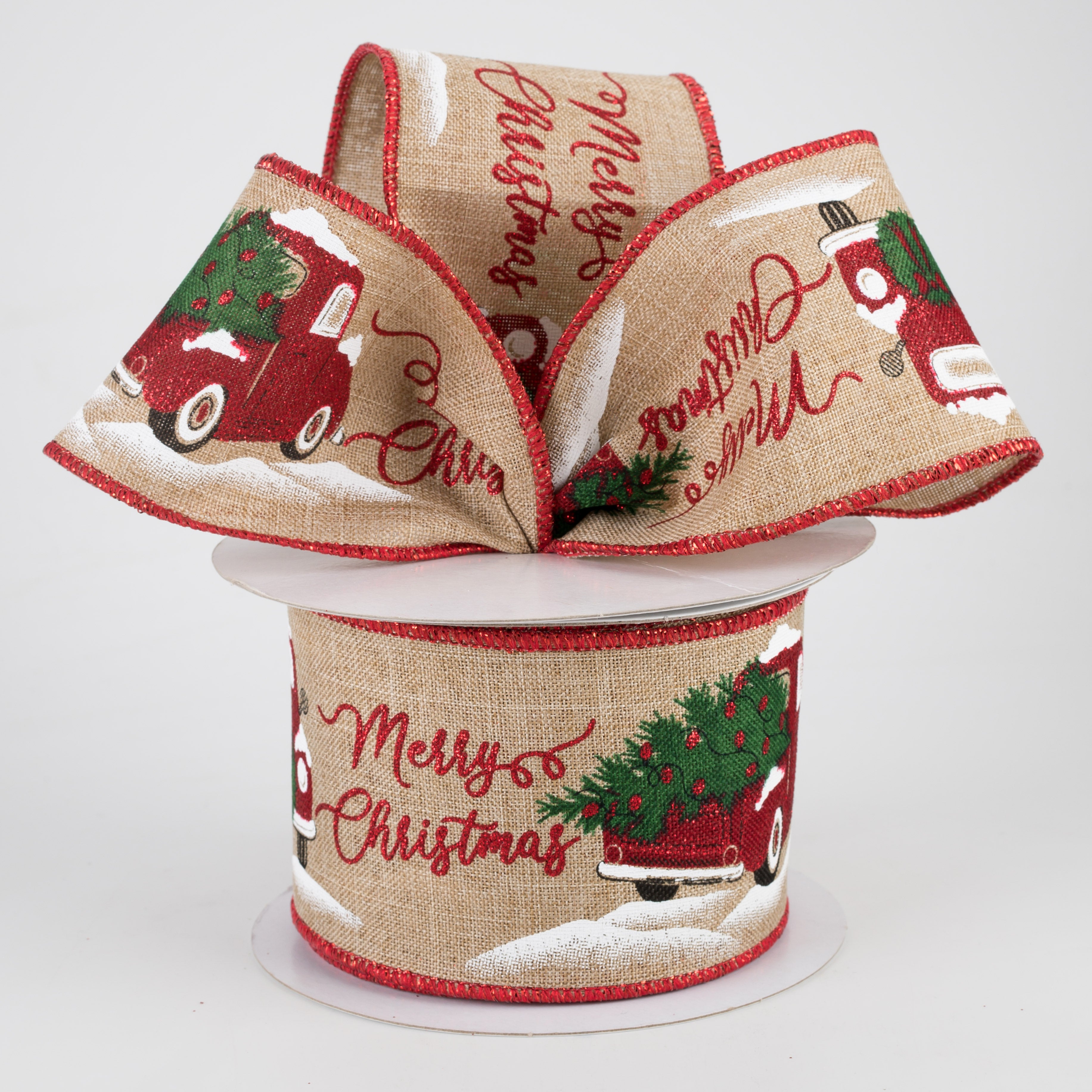 2.5" Merry Christmas With Truck Ribbon: Light Beige (10 Yards) Lifestyle Photo