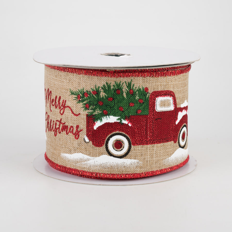 2.5" Merry Christmas With Truck Ribbon: Light Beige (10 Yards)