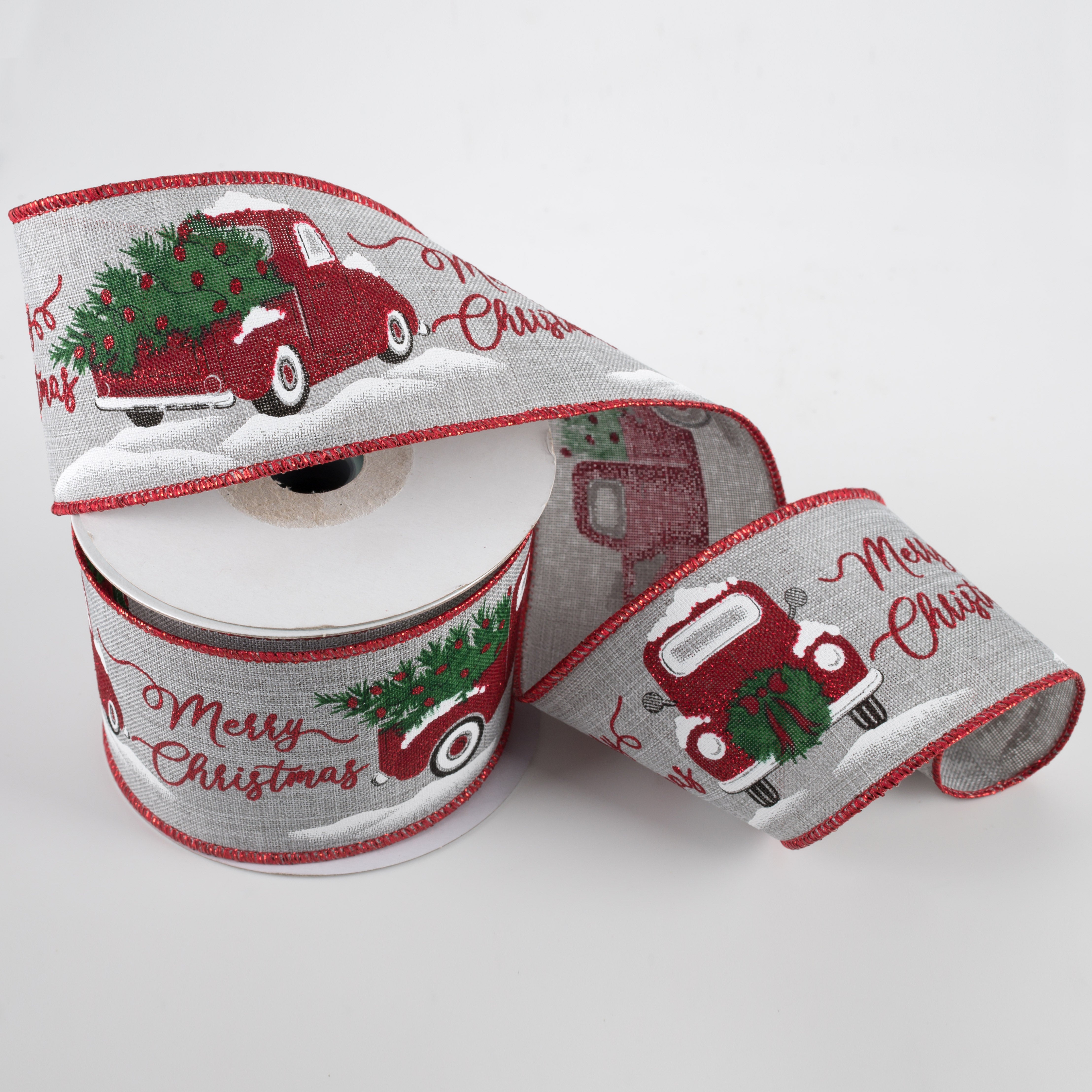 2.5" Merry Christmas With Truck Ribbon: Light Grey (10 Yards) Lifestyle Photo