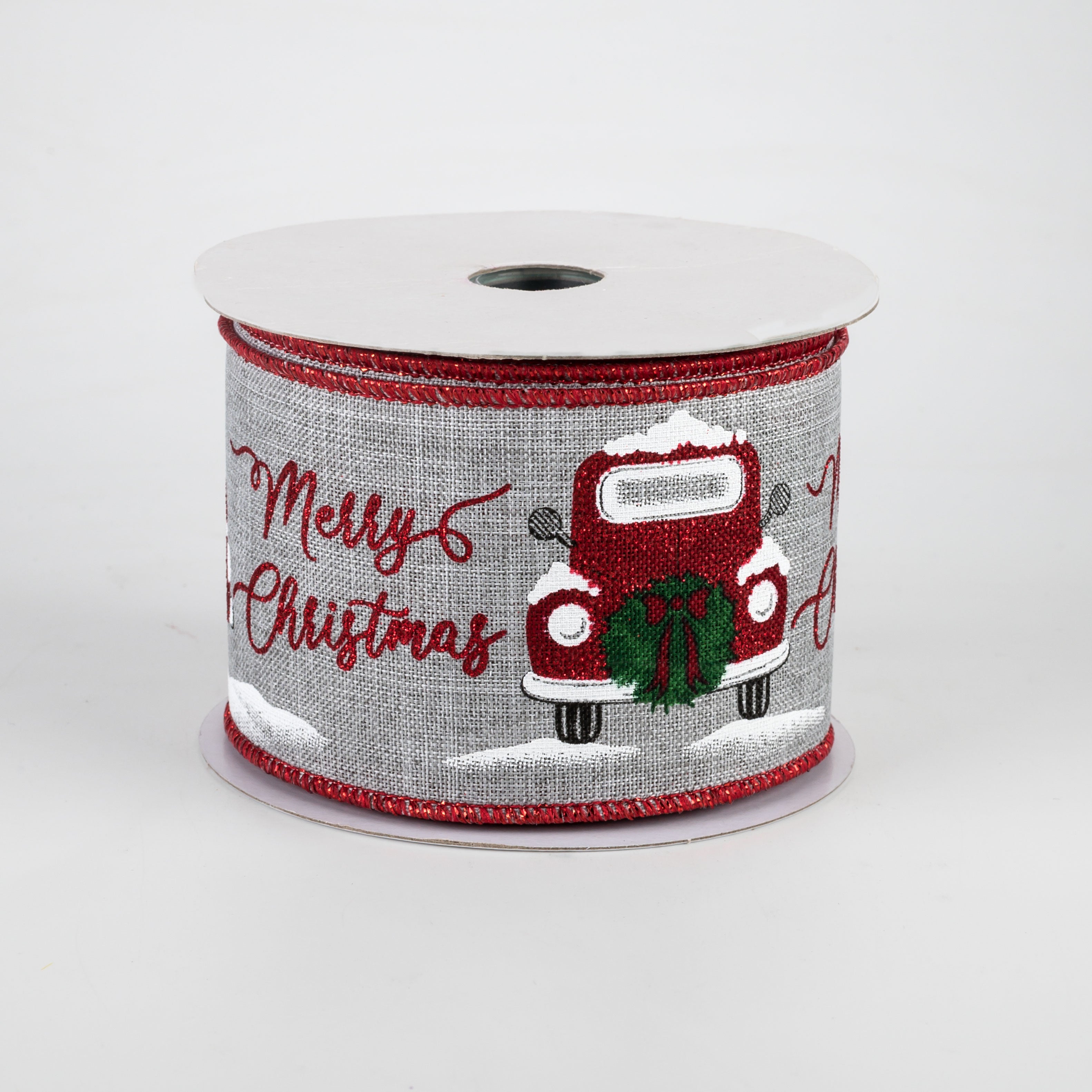 2.5" Merry Christmas With Truck Ribbon: Light Grey (10 Yards)