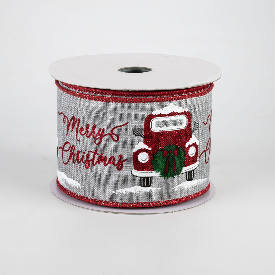 2.5" Merry Christmas With Truck Ribbon: Light Grey (10 Yards)