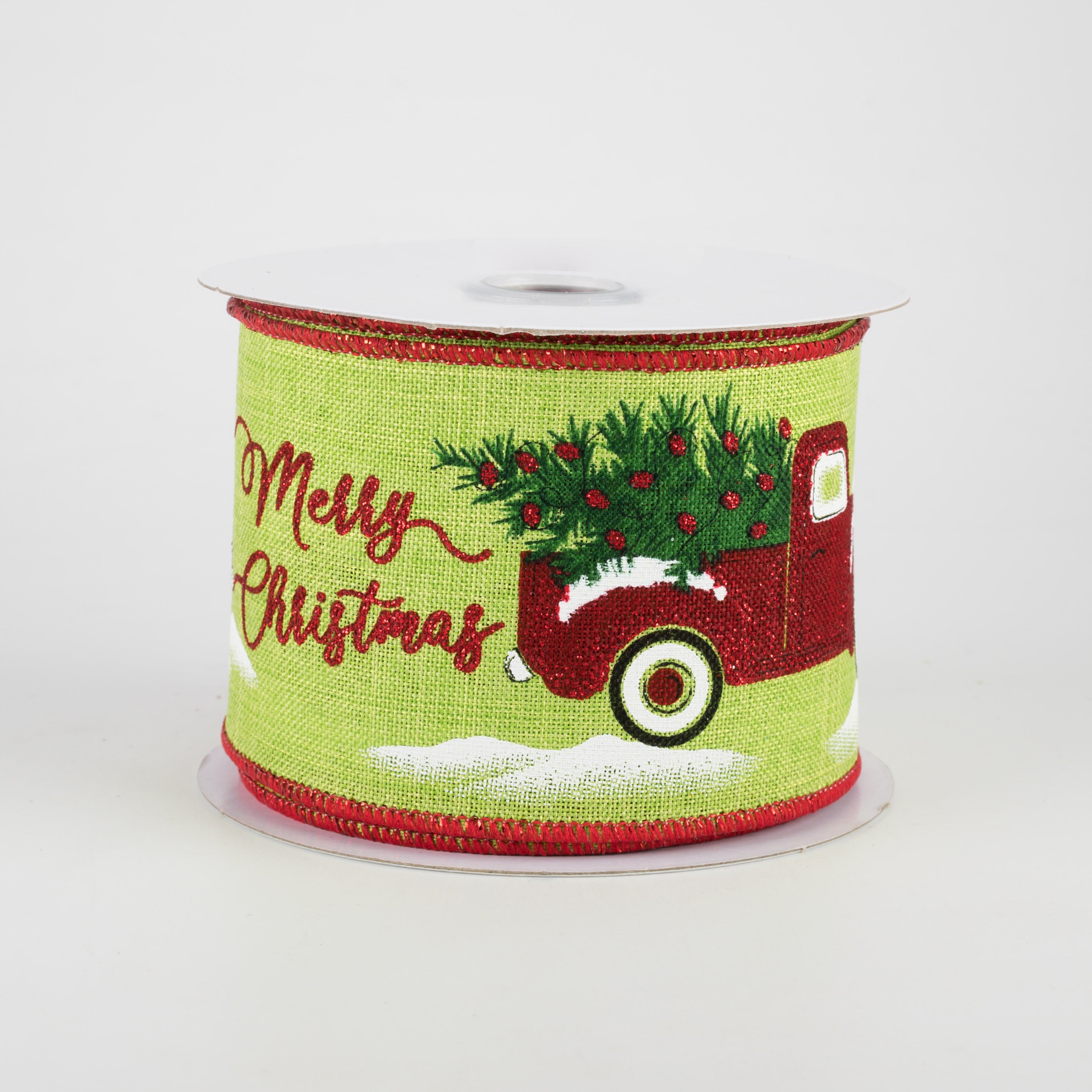 2.5" Merry Christmas With Truck Ribbon: Lime Green (10 Yards)