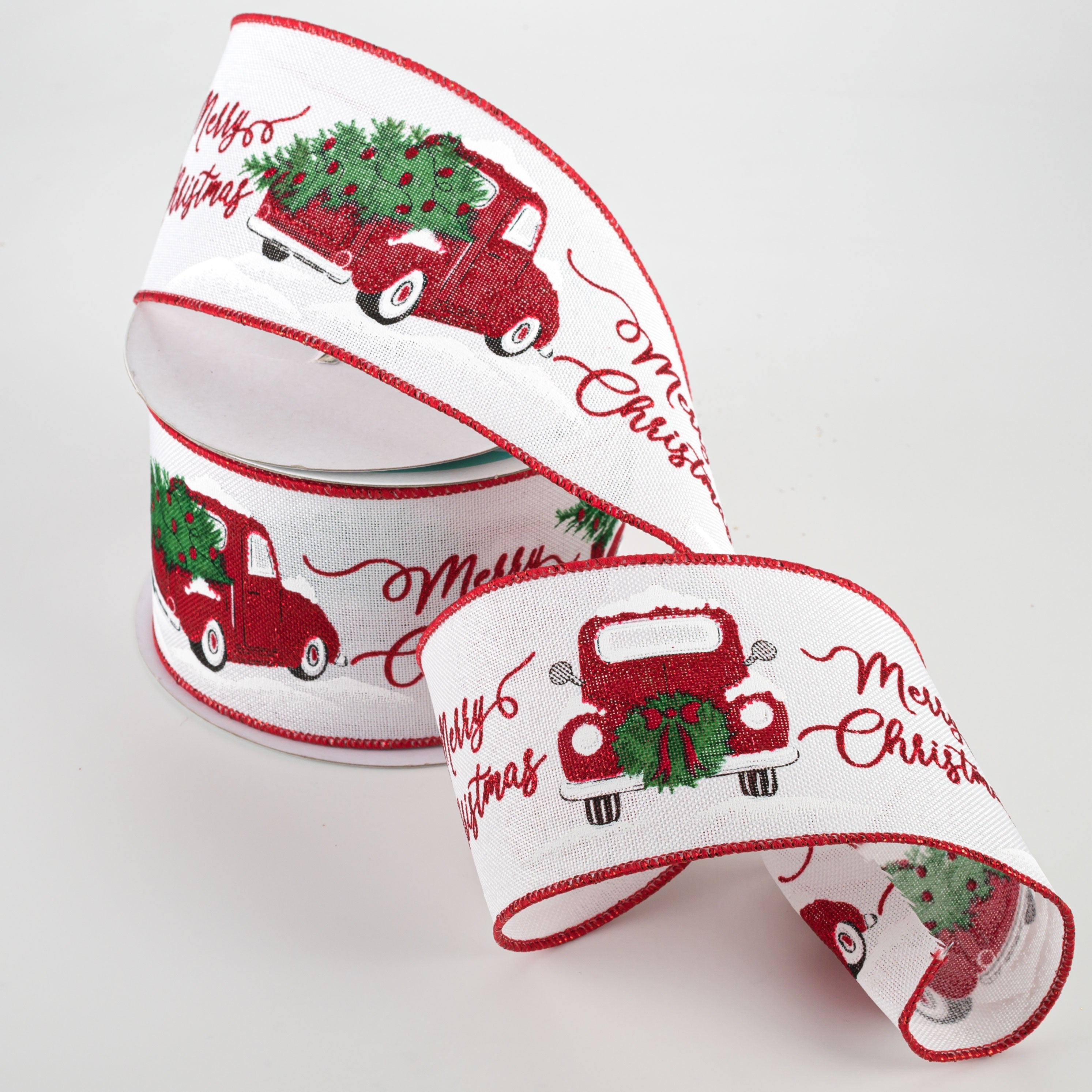 2.5" Merry Christmas With Truck Ribbon: White (10 Yards) Lifestyle Photo
