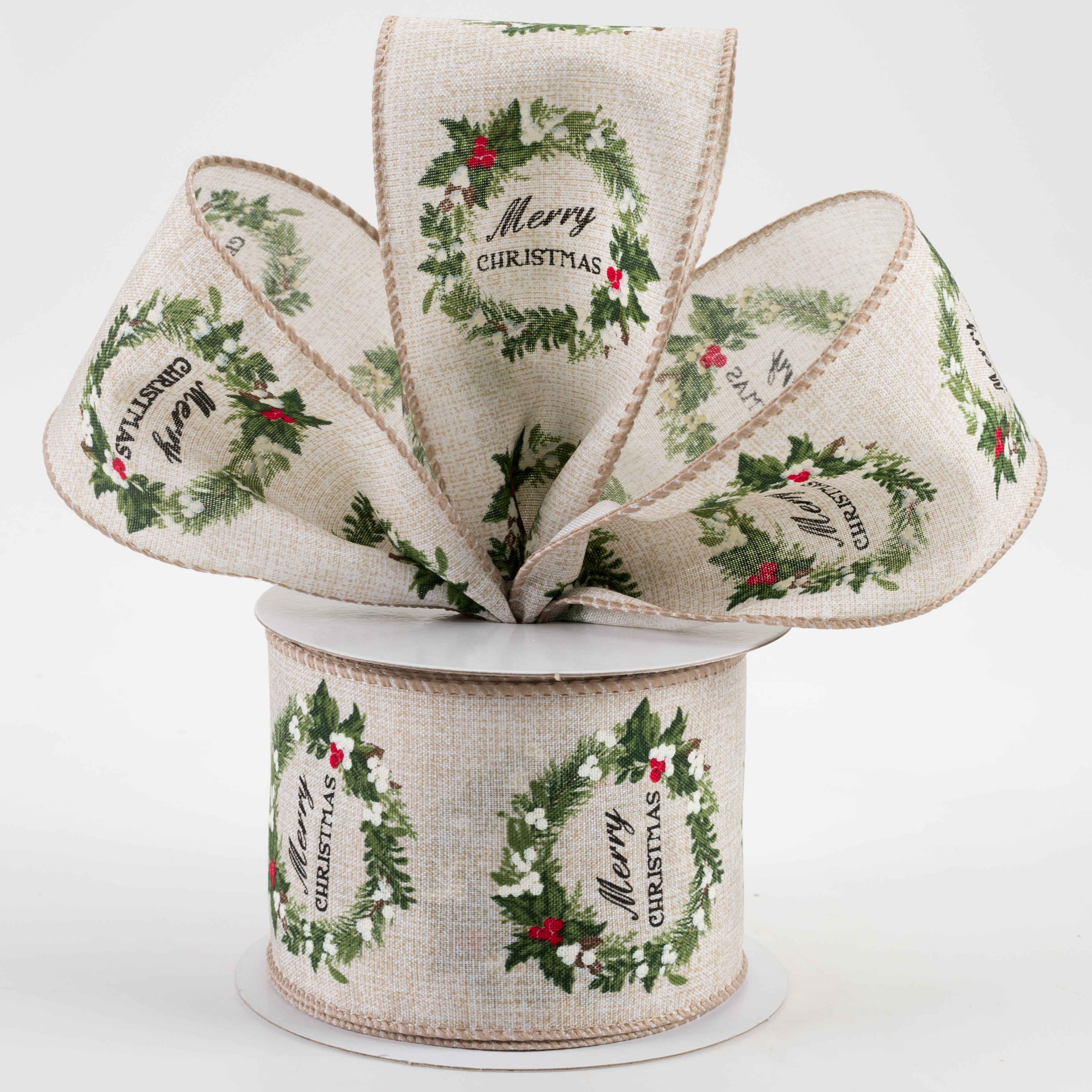 2.5" Merry Christmas Wreath Linen Ribbon: Natural (10 Yards) Lifestyle Photo