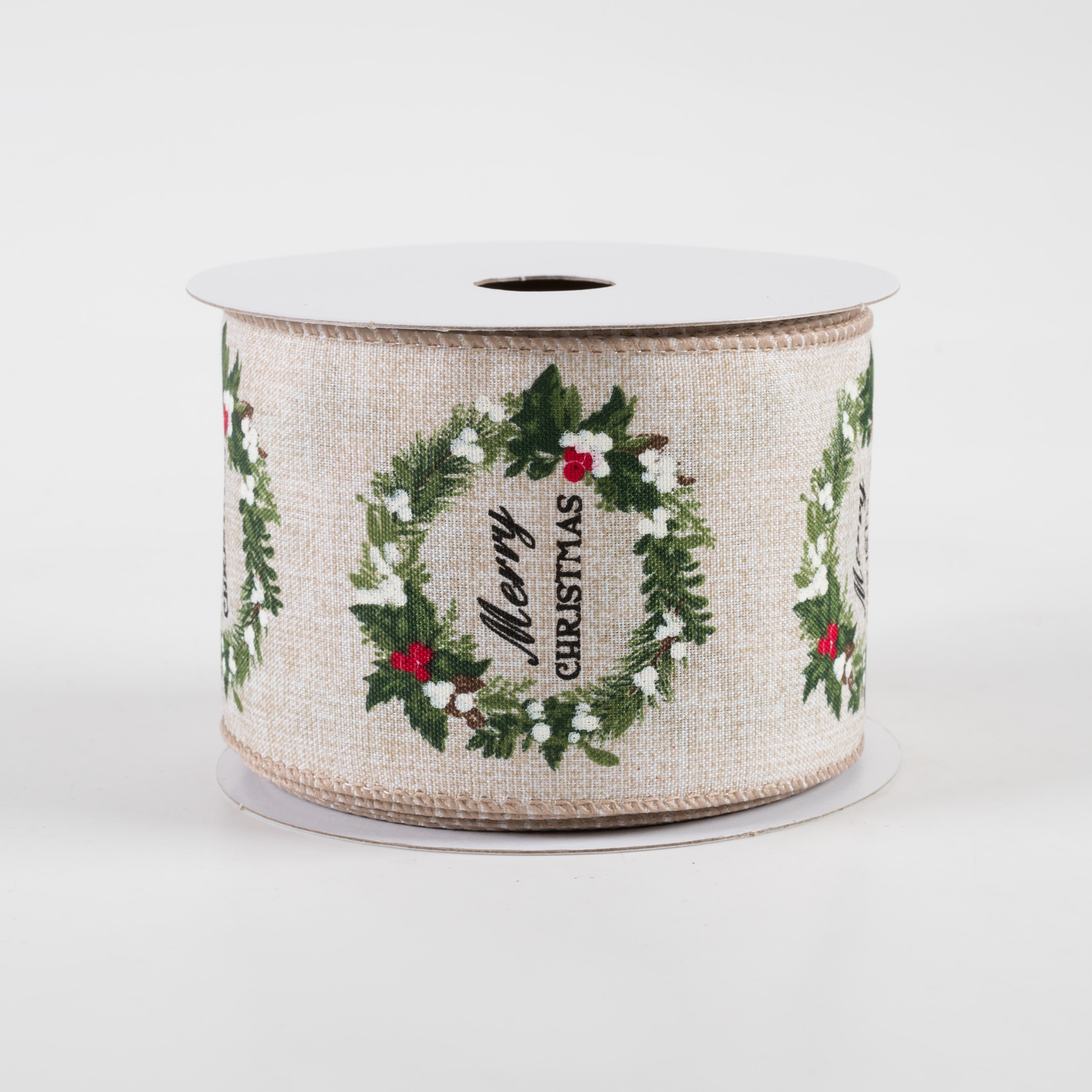 2.5" Merry Christmas Wreath Linen Ribbon: Natural (10 Yards)