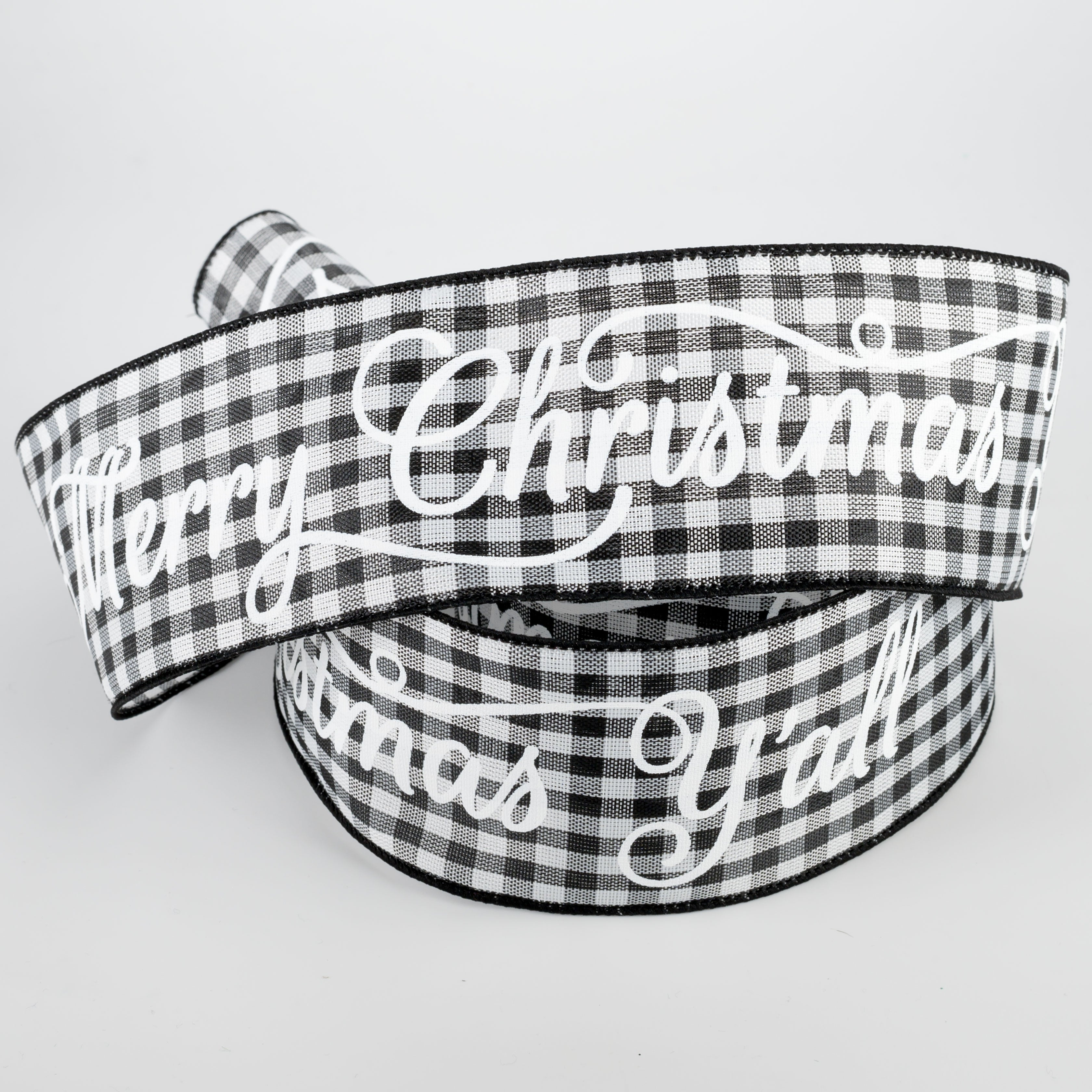 2.5" Merry Christmas Y'all Check Ribbon: Black & White (10 Yards) Lifestyle Photo