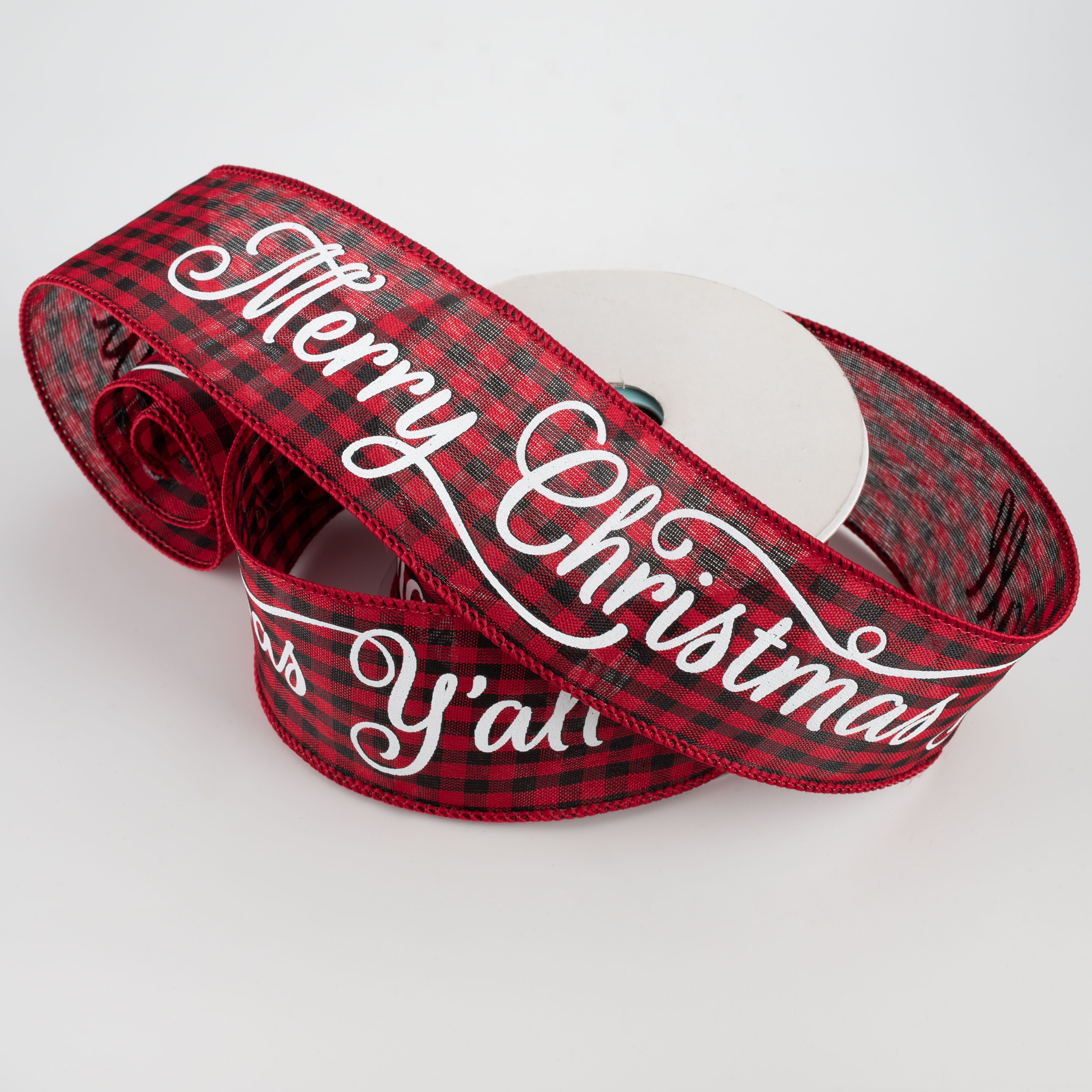 2.5" Merry Christmas Y'all Check Ribbon: Red, Black, White (10 Yards) Lifestyle Photo