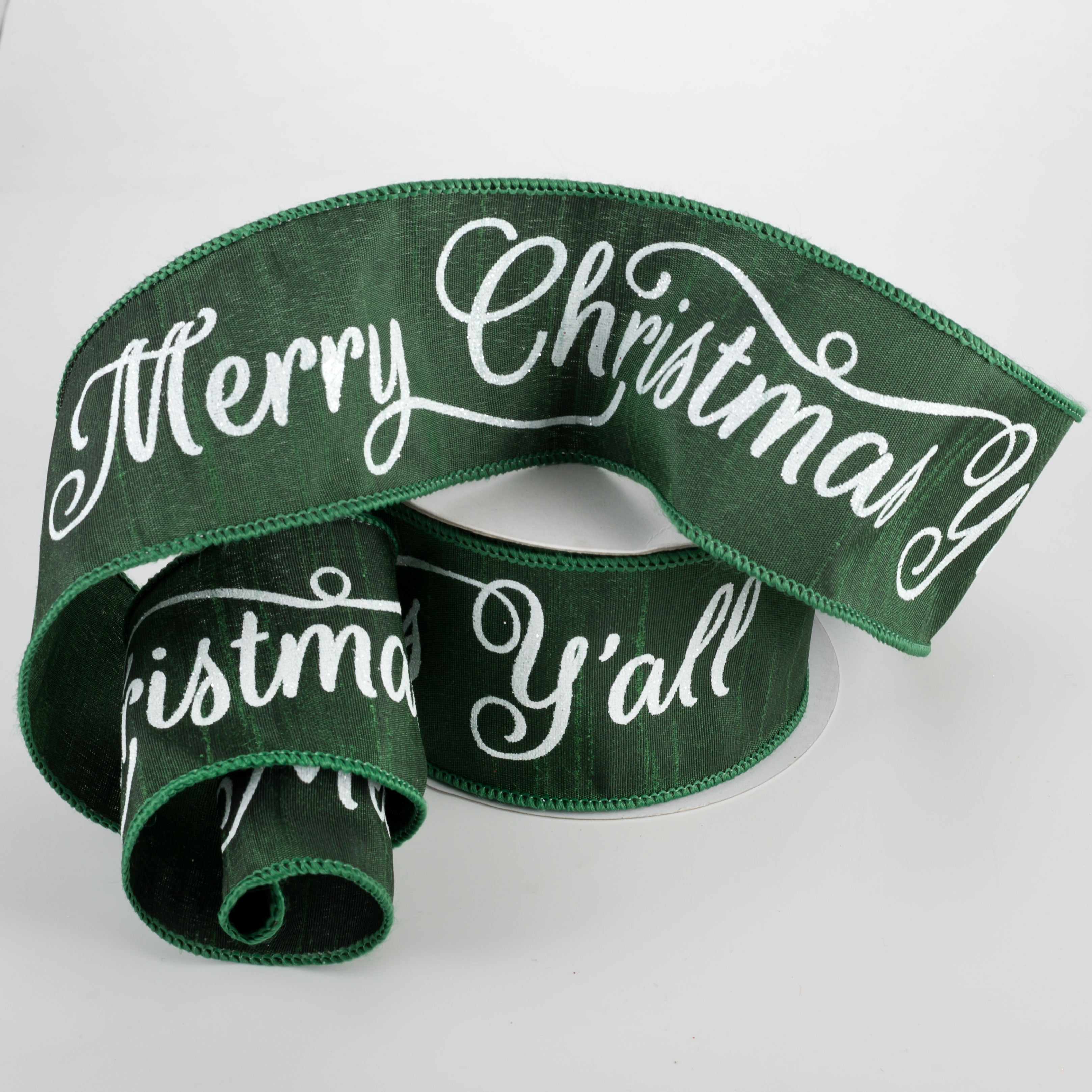 2.5" Merry Christmas Y'all Ribbon: Emerald Green (10 Yards) Lifestyle Photo
