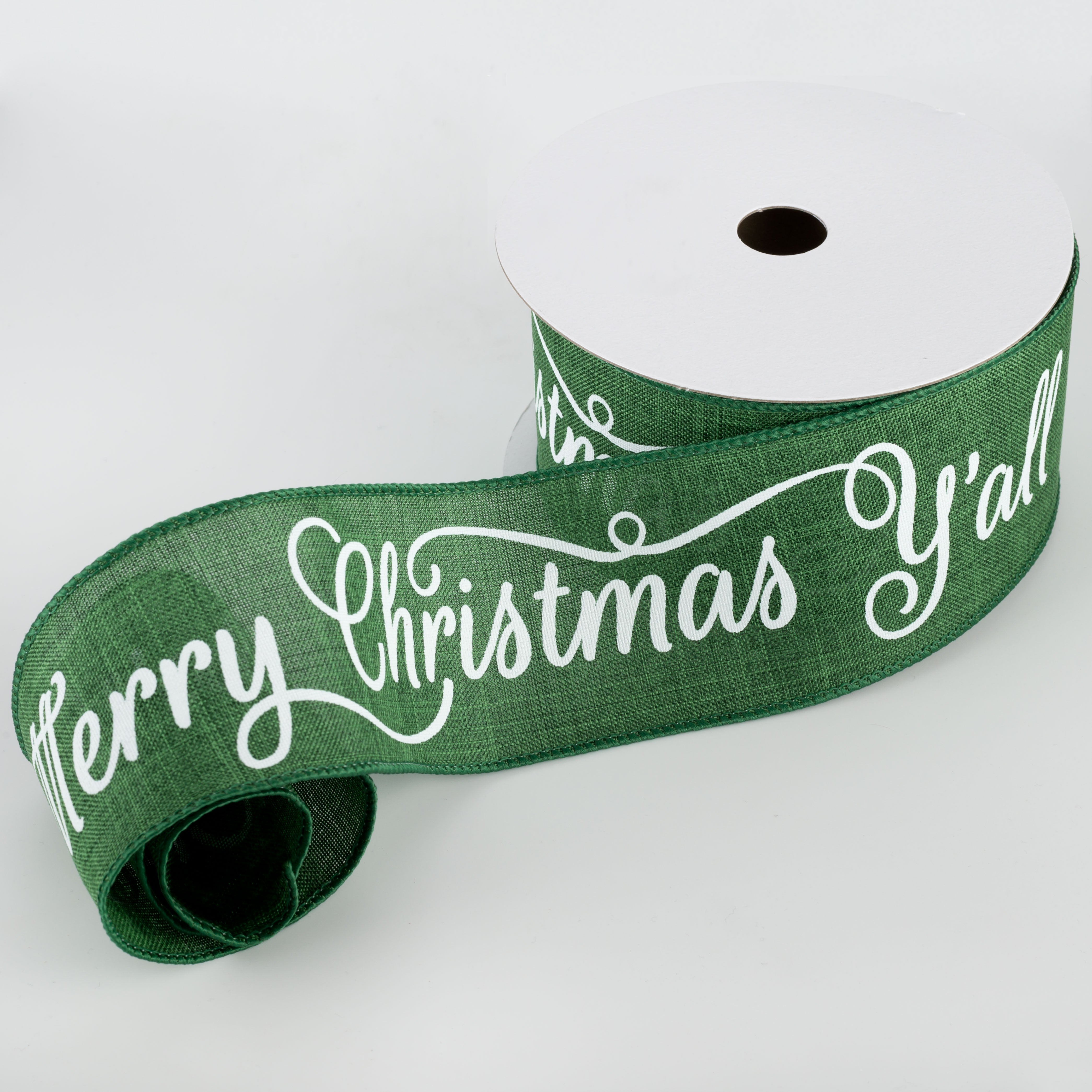 2.5" Merry Christmas Y'all Ribbon: Emerald Green & White (10 Yards) Lifestyle Photo
