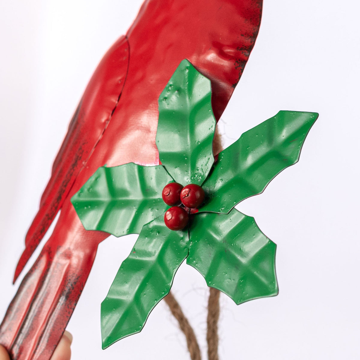 8" Metal Cardinal on Holly Ornament detail photo 3