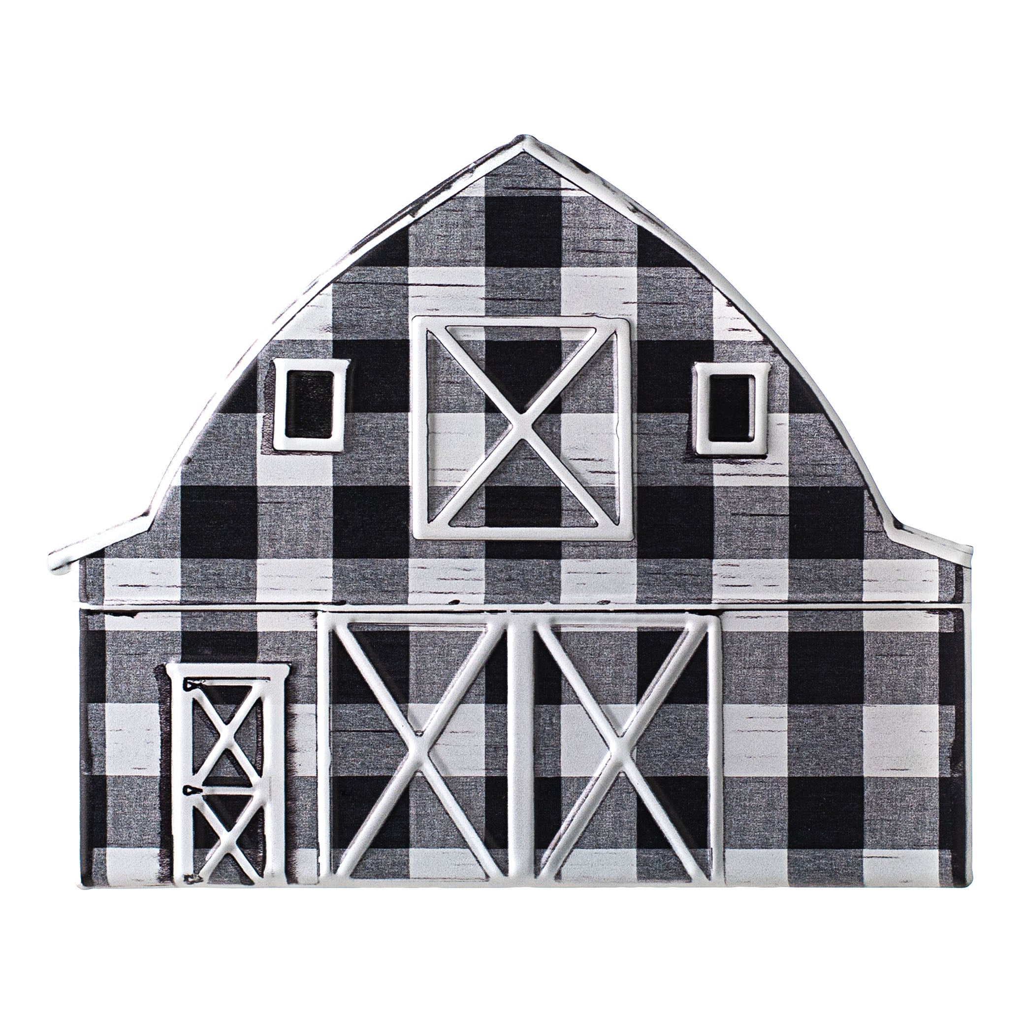 12" Metal Embossed Hanger: Black & White Buffalo Plaid Barn Item Number: MD078627