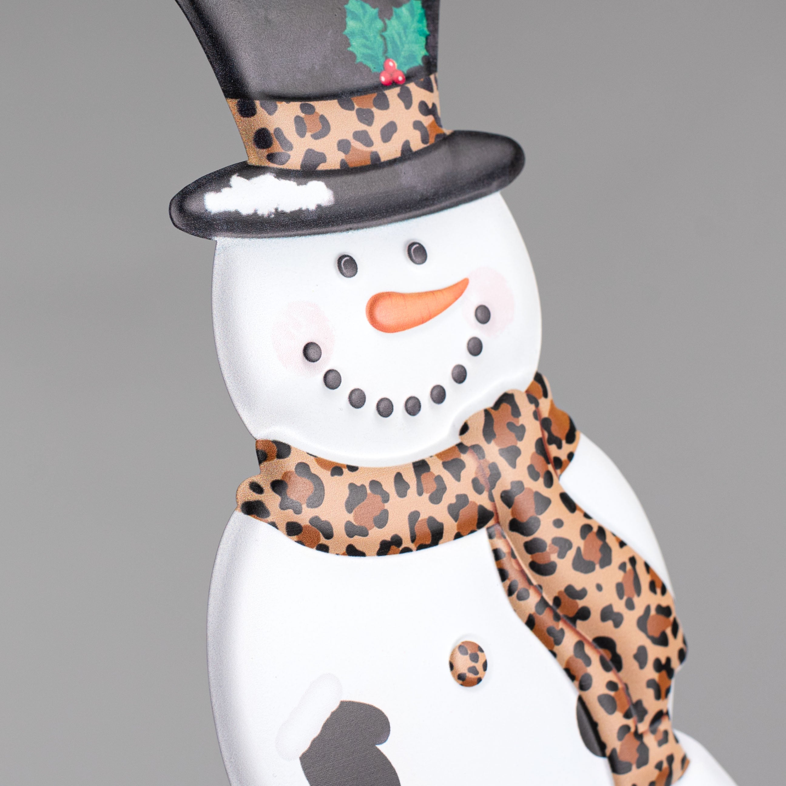 12" Metal Embossed Hanger: Cheetah Scarf Snowman detail photo 3