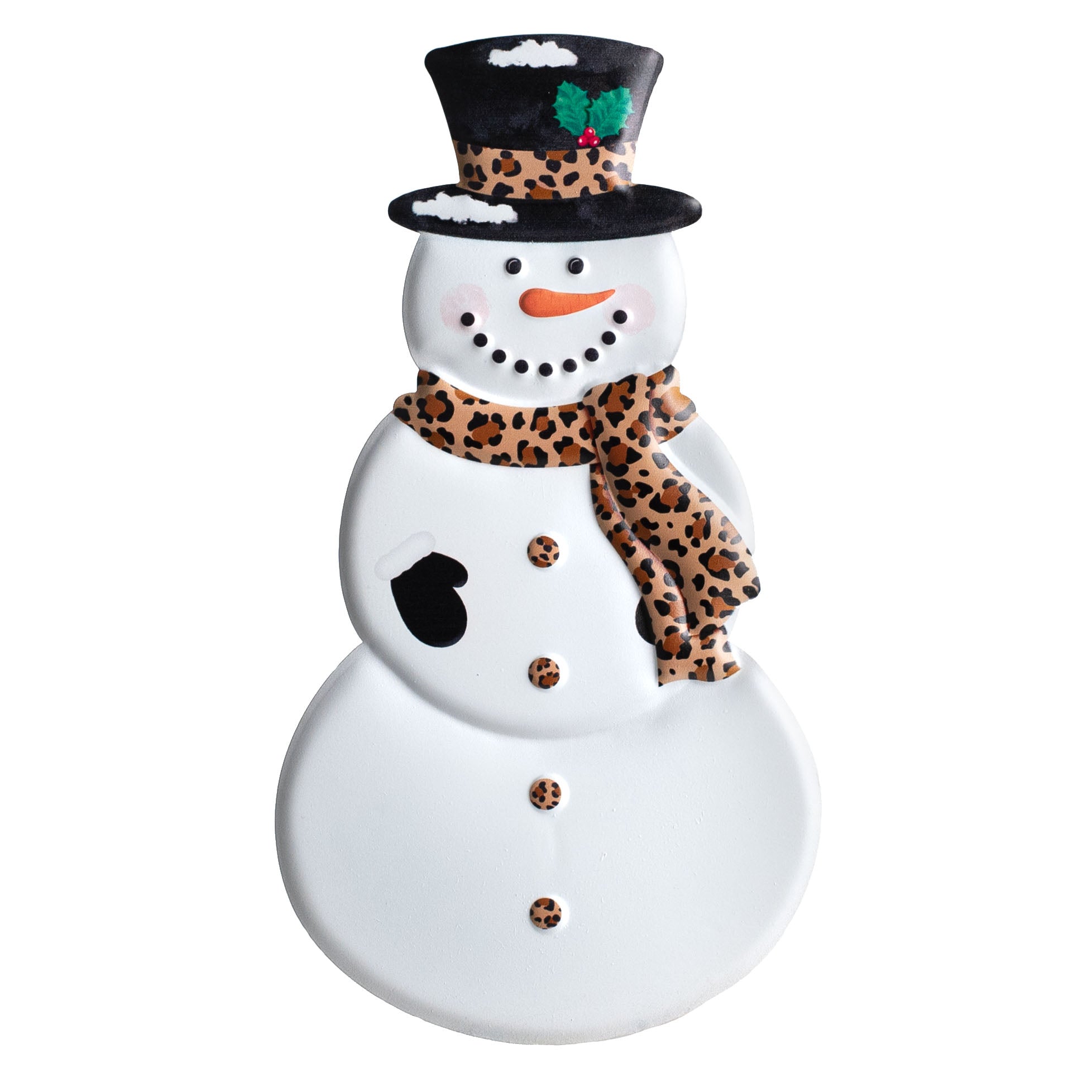 12" Metal Embossed Hanger: Cheetah Scarf Snowman Item Number: MD0728