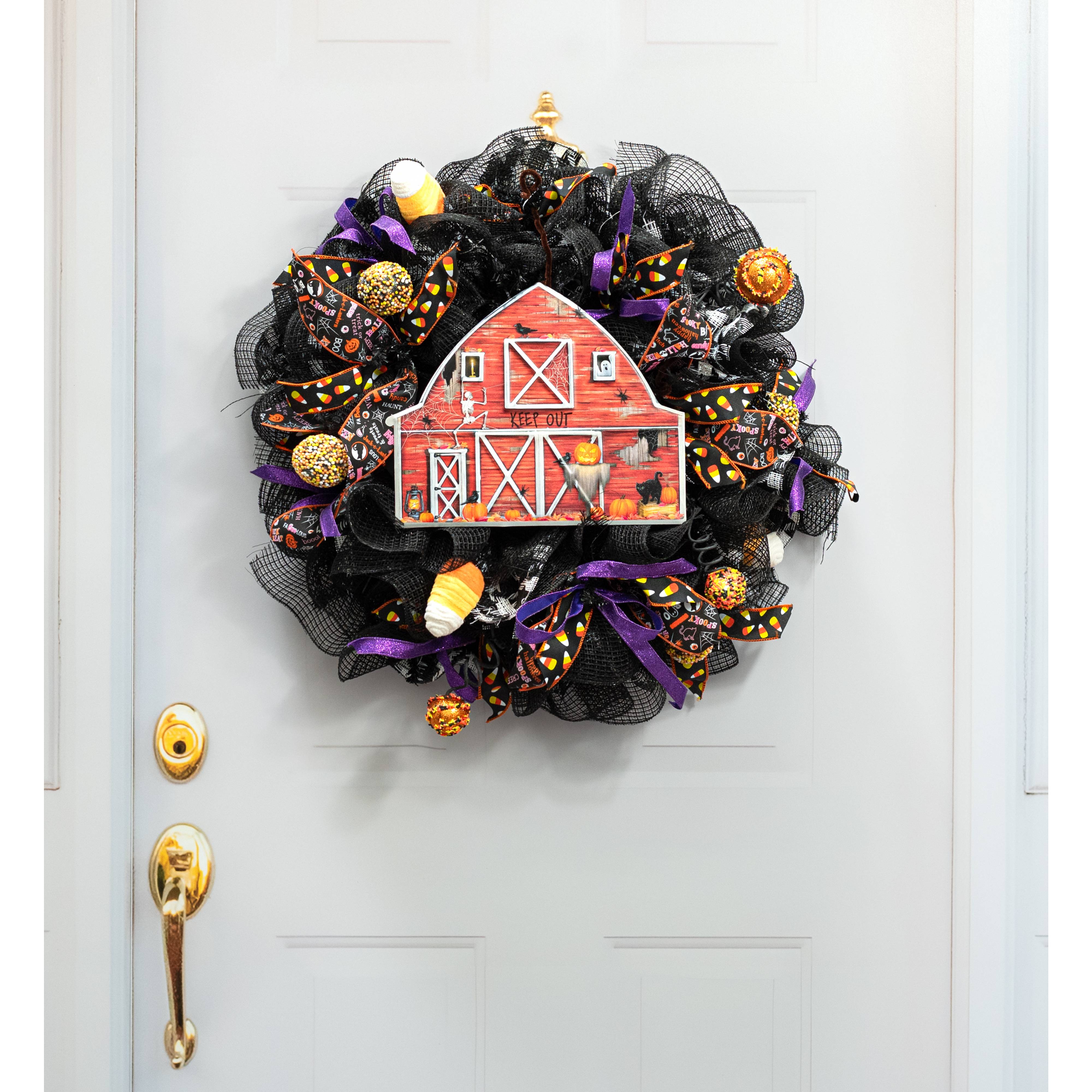 12" Metal Embossed Hanger: Haunted Halloween Barn Lifestyle Photo
