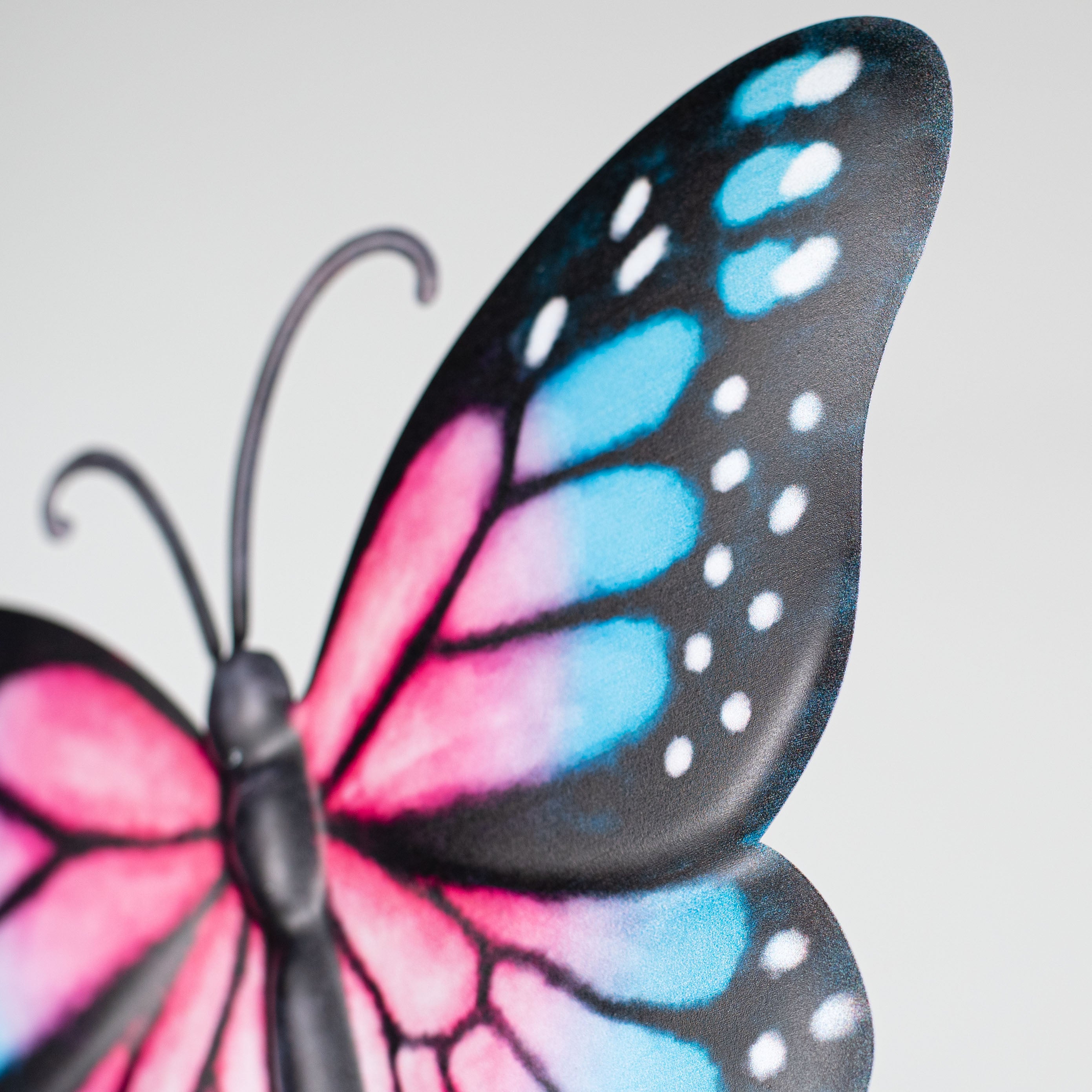 12" Metal Embossed Hanger: Pink & Blue Monarch Butterfly detail photo 3