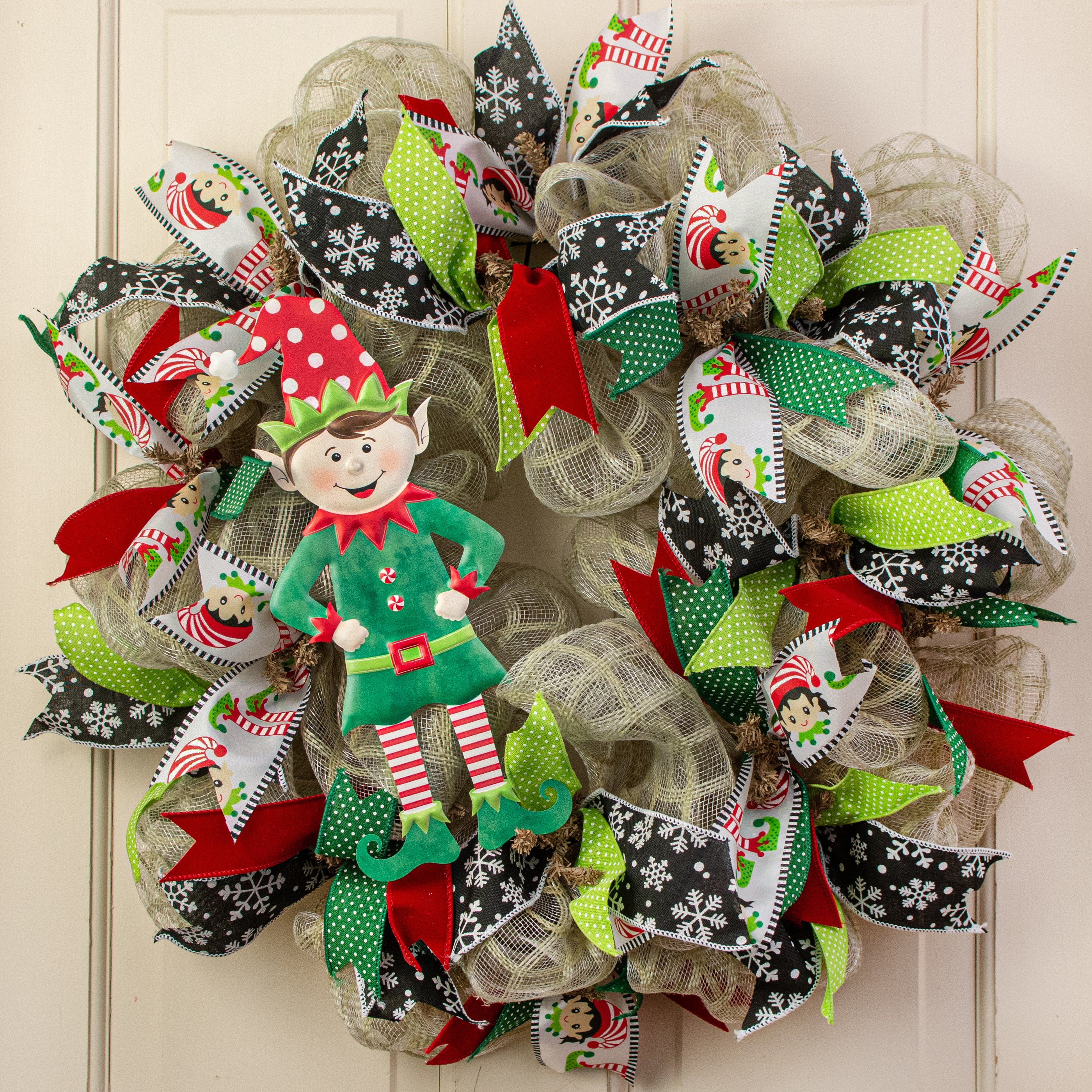 13" Metal Embossed Hanger: Red & Emerald Elf Lifestyle Photo
