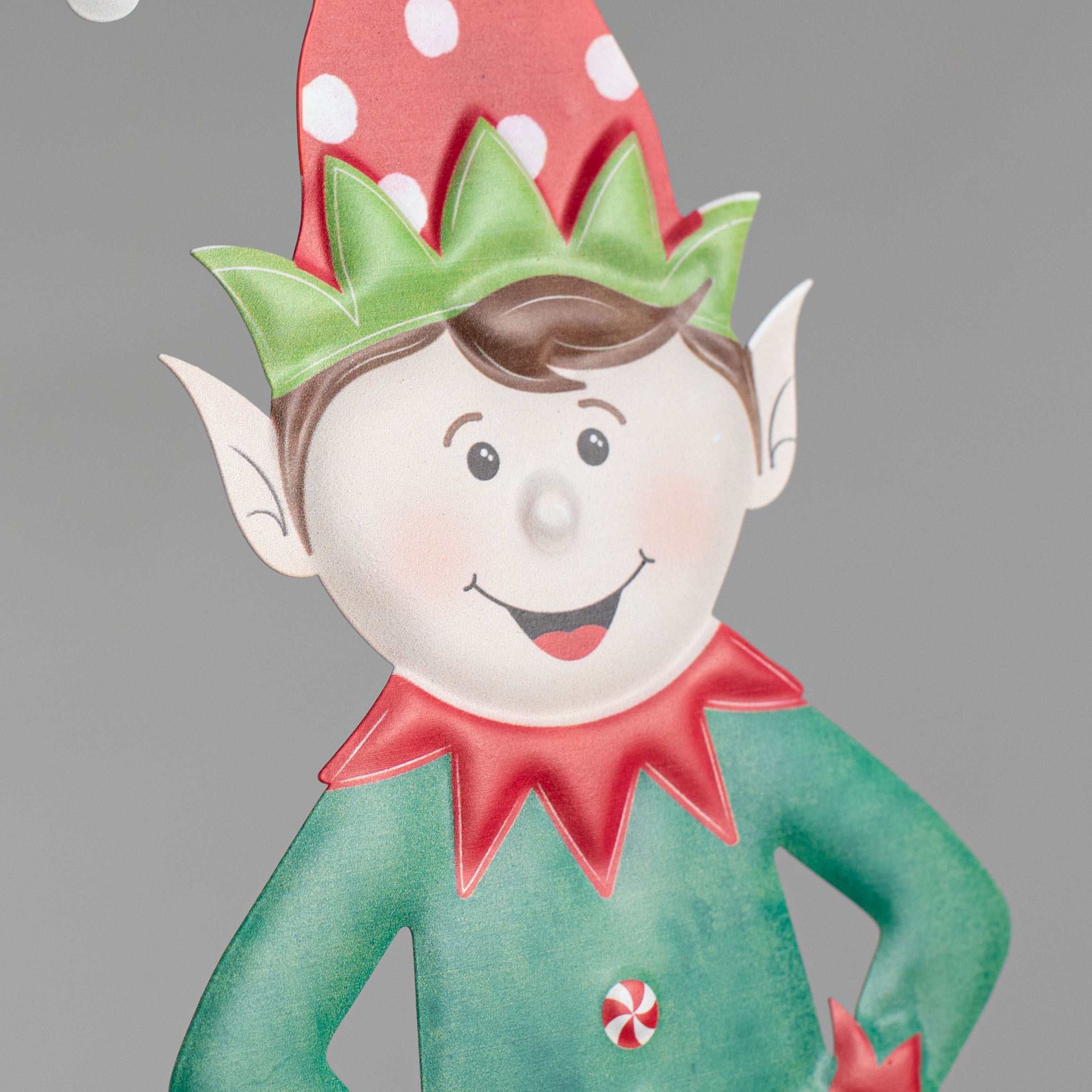 13" Metal Embossed Hanger: Red & Emerald Elf detail photo 3