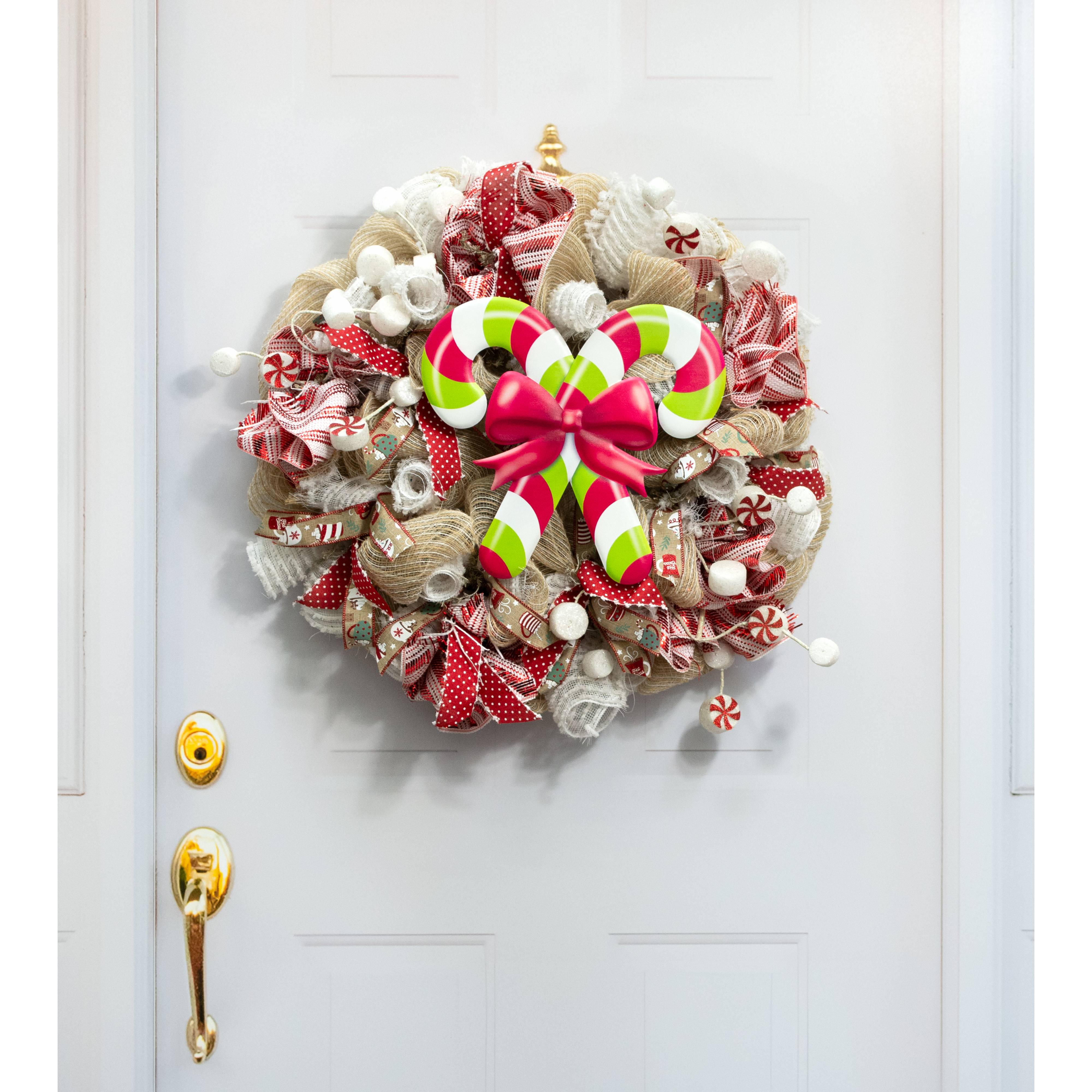 13" Metal Embossed Hanger: Red, White & Green Candy Canes Lifestyle Photo