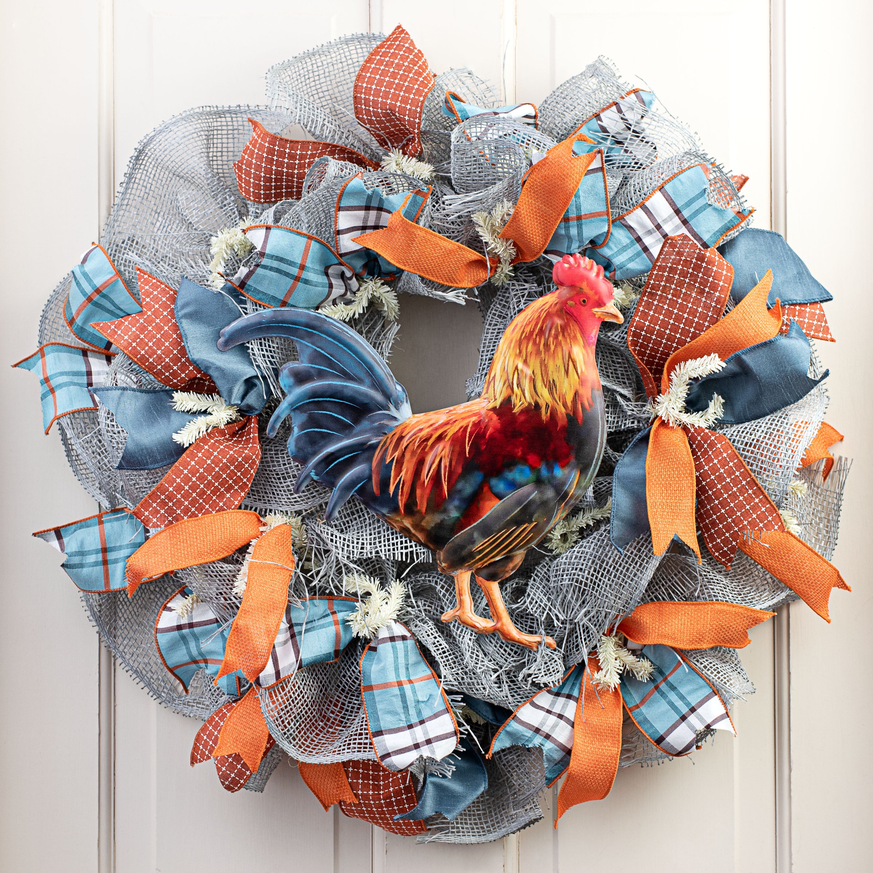 12" Metal Embossed Hanger: Teal, Orange, Red Rooster Lifestyle Photo