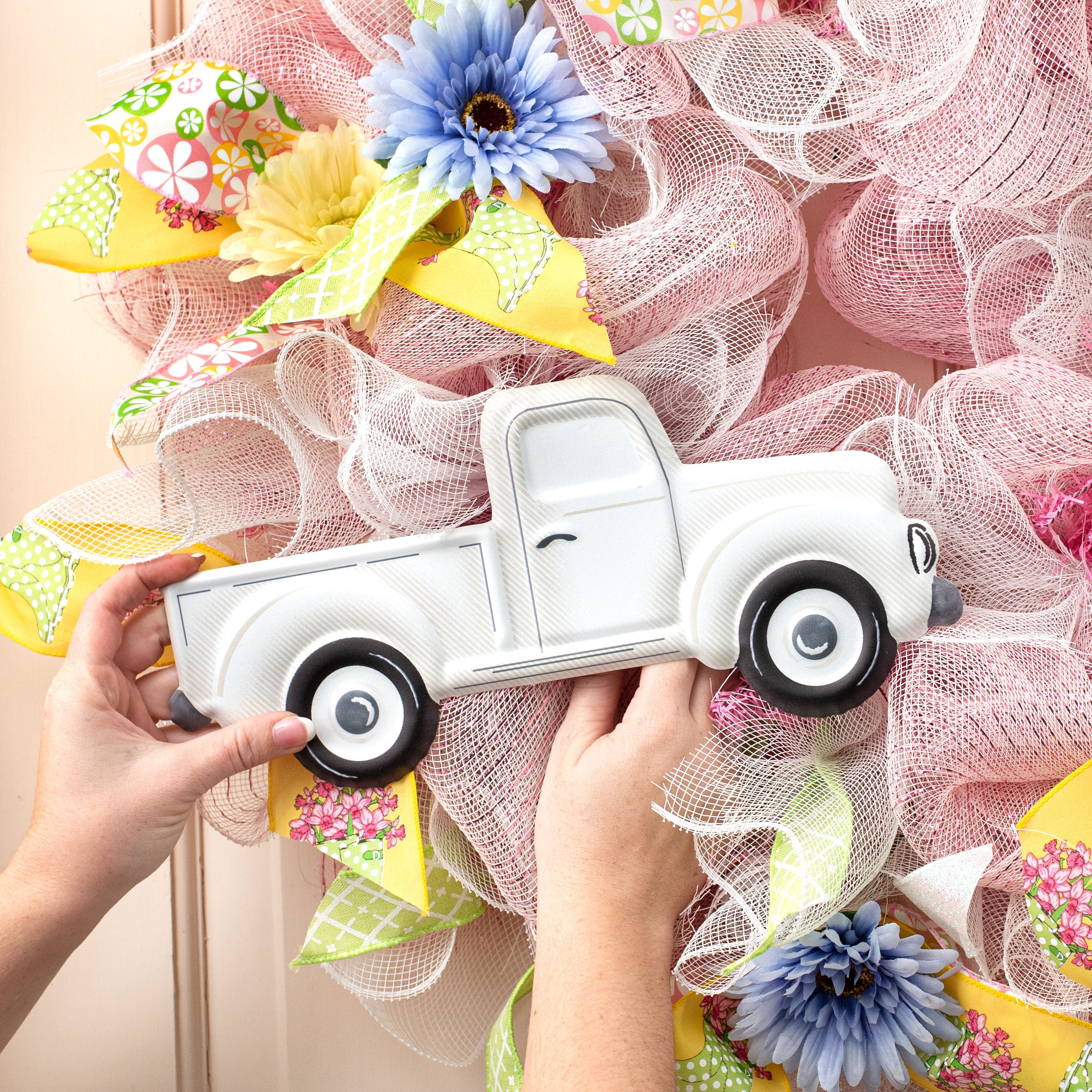 12" Metal Embossed Hanger: White Truck Lifestyle Photo