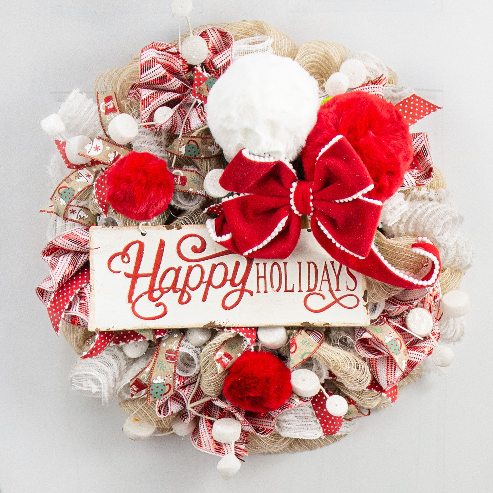 16" Metal Plaque: Red & White Happy Holidays Lifestyle Photo