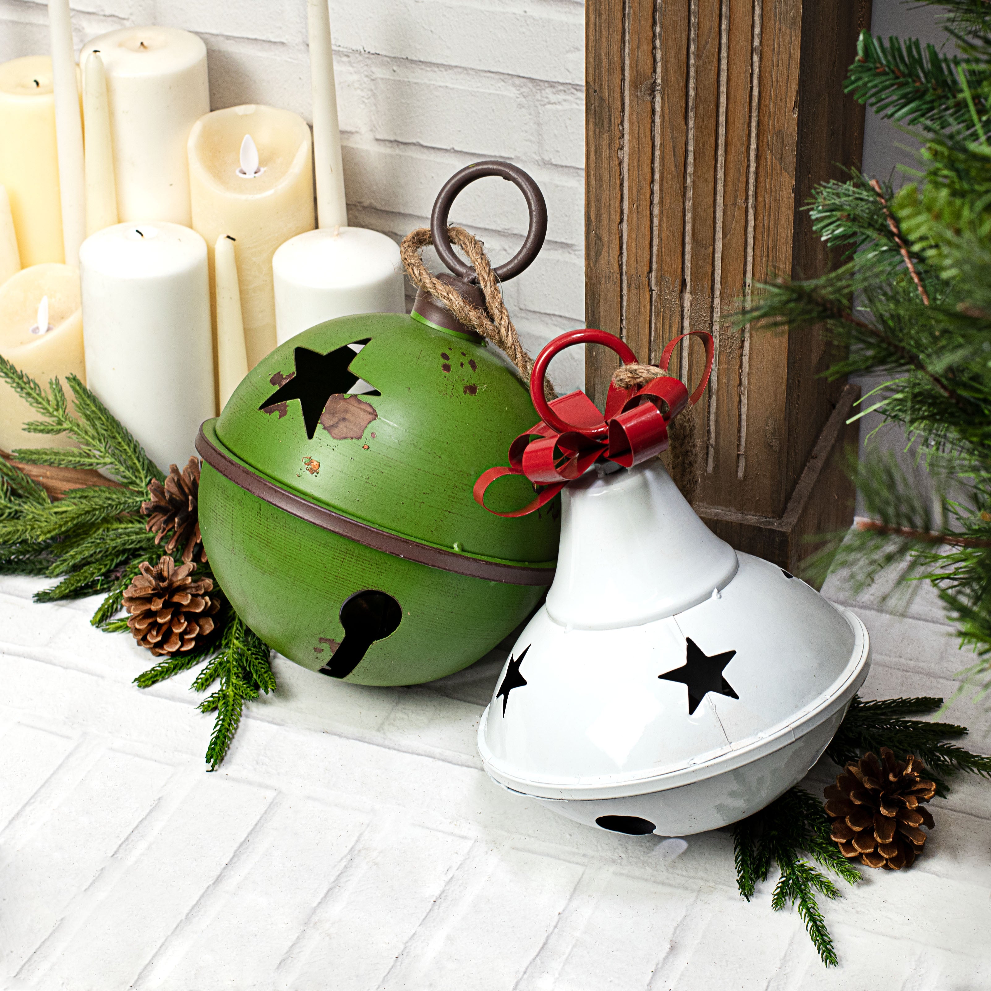 8.5" Metal Saucer Bell: White & Red Lifestyle Photo