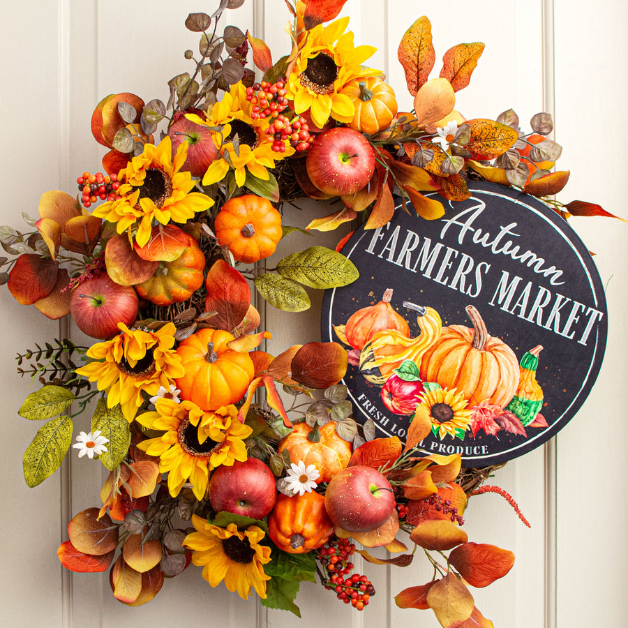 12" Metal Sign: Autumn Farmer's Market Pumpkins Lifestyle Photo
