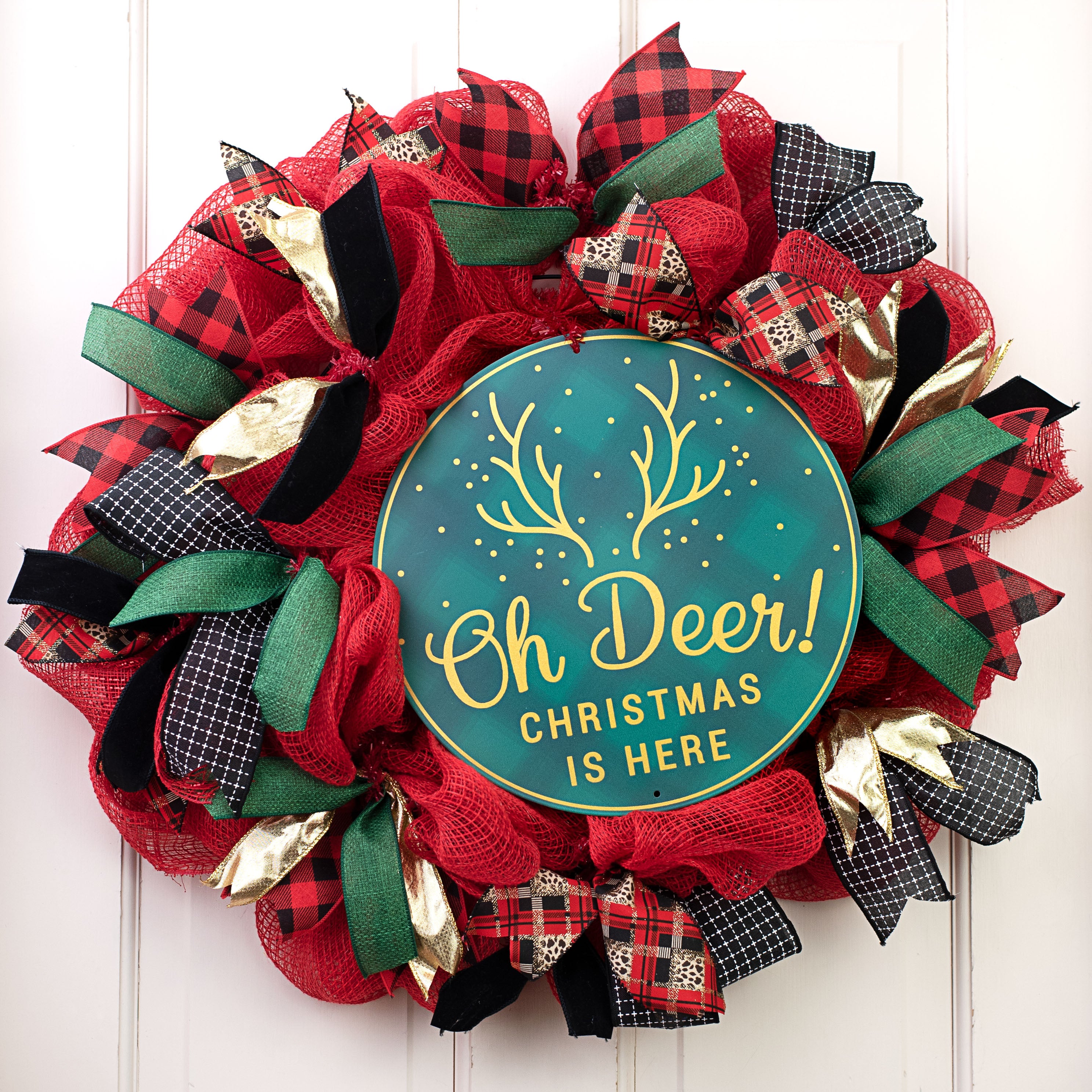 12" Metal Sign: Emerald & Gold Oh Deer Christmas Lifestyle Photo