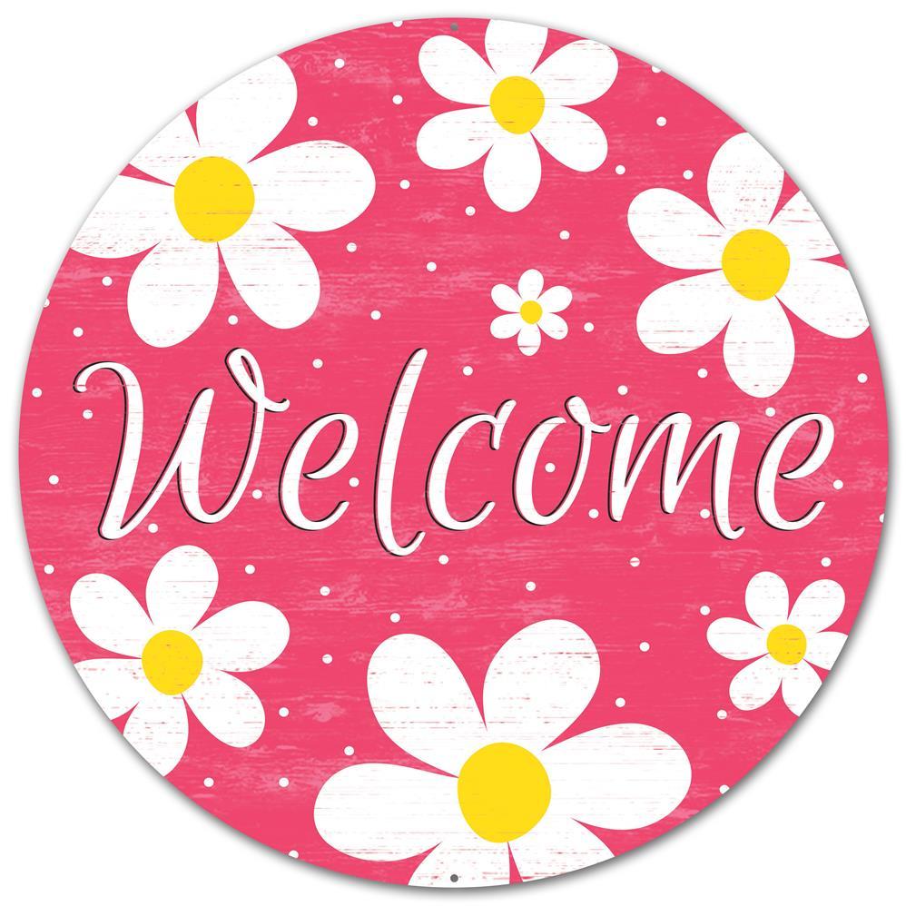 12" Metal Sign: Fuchsia Daisy Welcome Item Number: MD045607