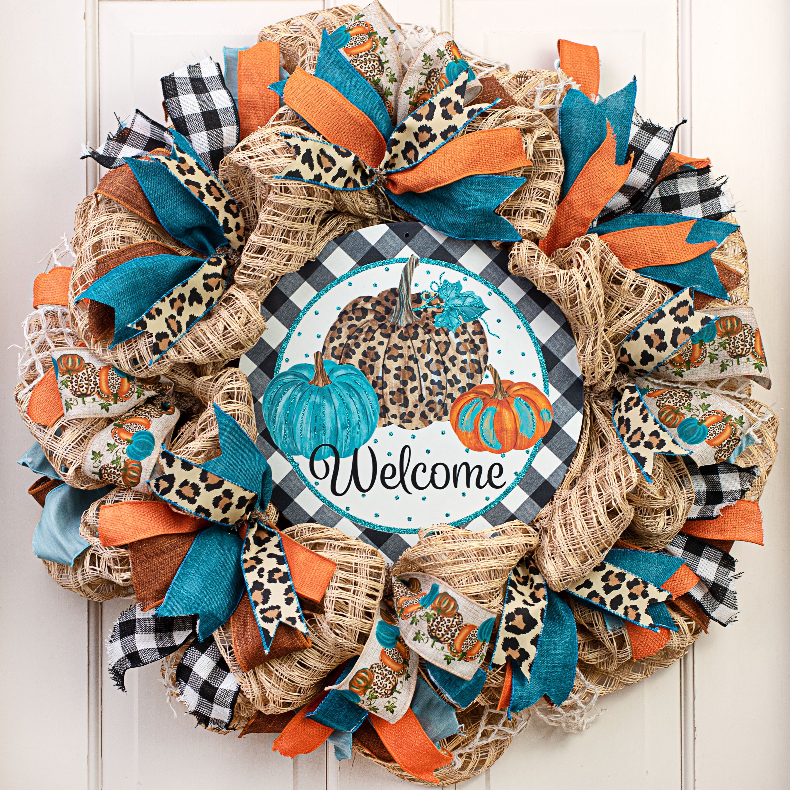 12" Metal Sign: Glitter Teal & Leopard Pumpkins Lifestyle Photo