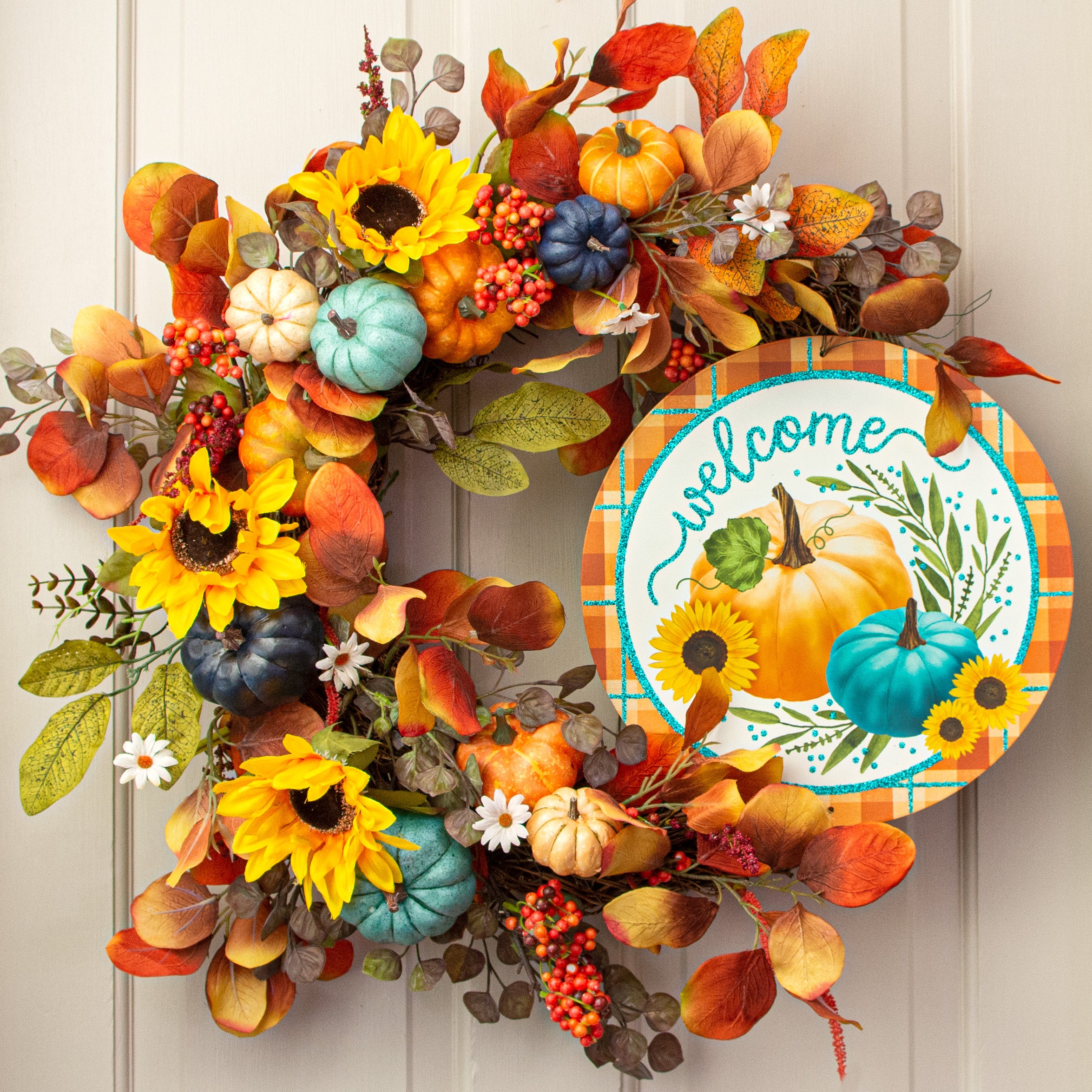 12" Metal Sign: Glittered Welcome Pumpkins Orange Lifestyle Photo