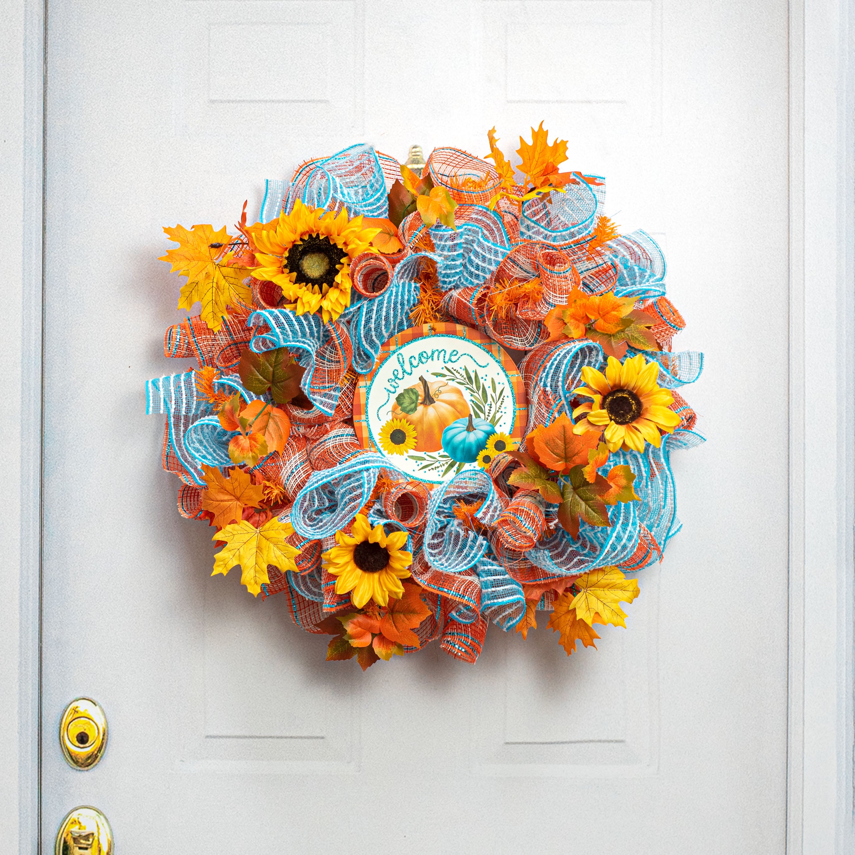 8" Metal Sign: Glittered Welcome Pumpkins Teal Lifestyle Photo