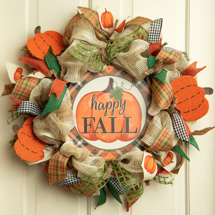 12" Metal Sign: Happy Fall Pumpkin With Printed Plaid Lifestyle Photo