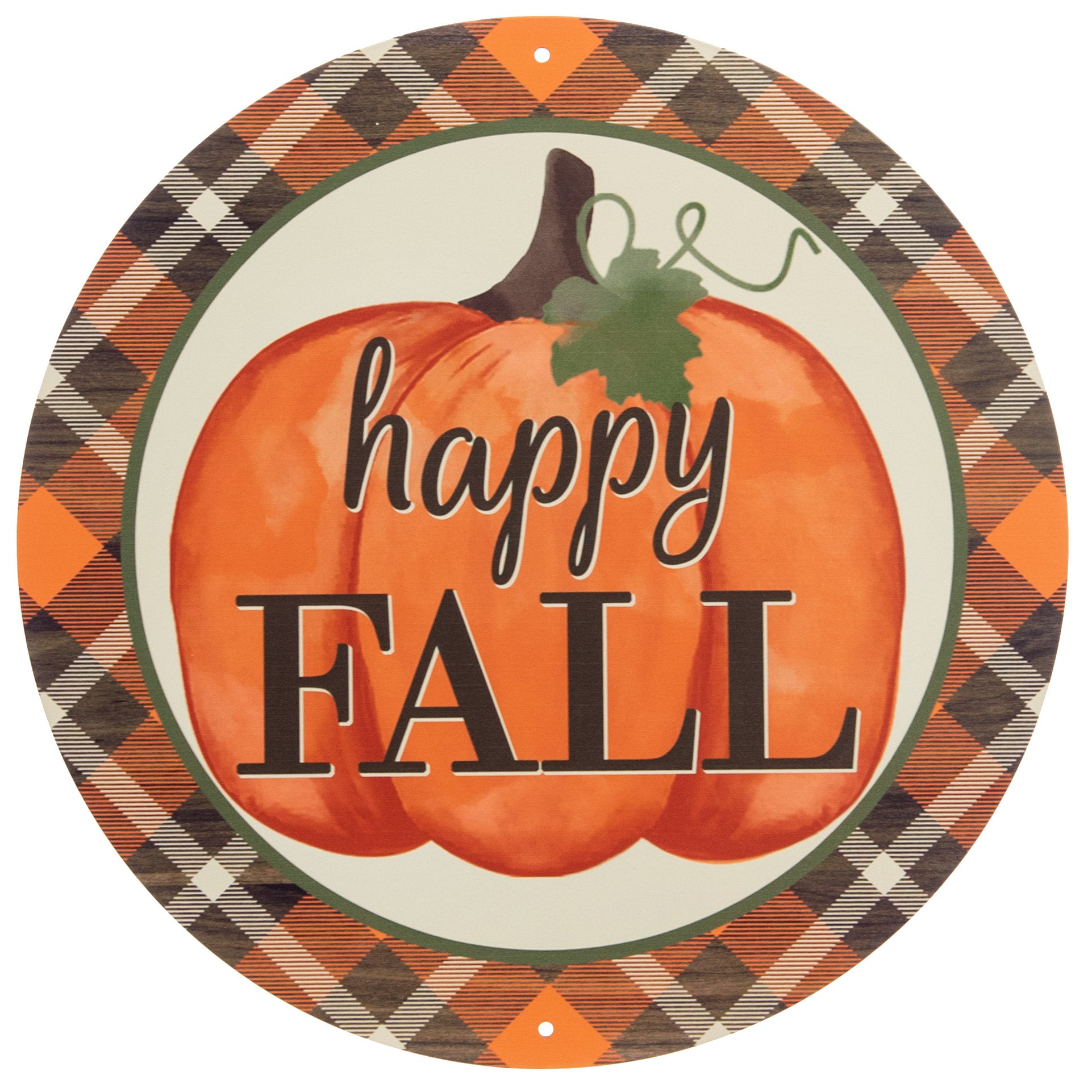 12" Metal Sign: Happy Fall Pumpkin With Printed Plaid Item Number: MD0431