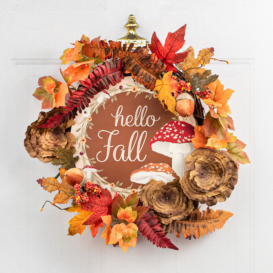 12" Metal Sign: Hello Fall Mushroom Lifestyle Photo