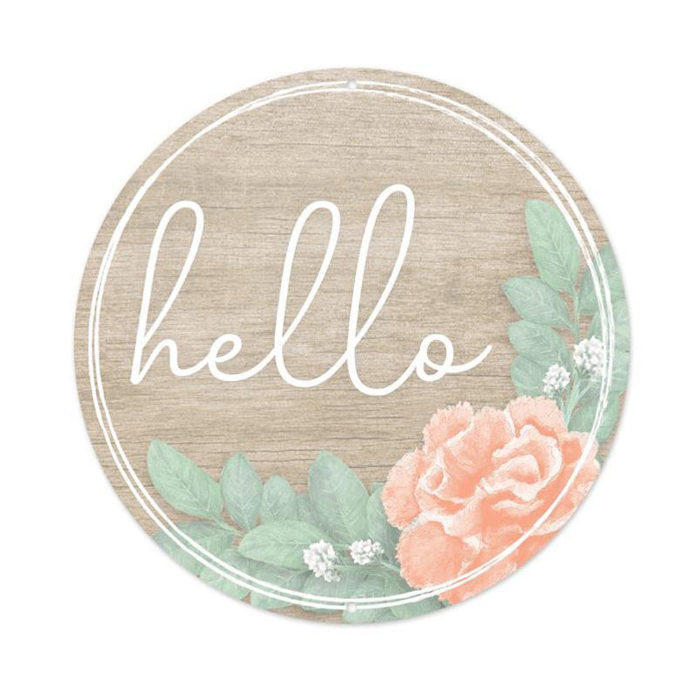 8" Metal Sign: Hello Tan, Sage, Pink Item Number: MD1116