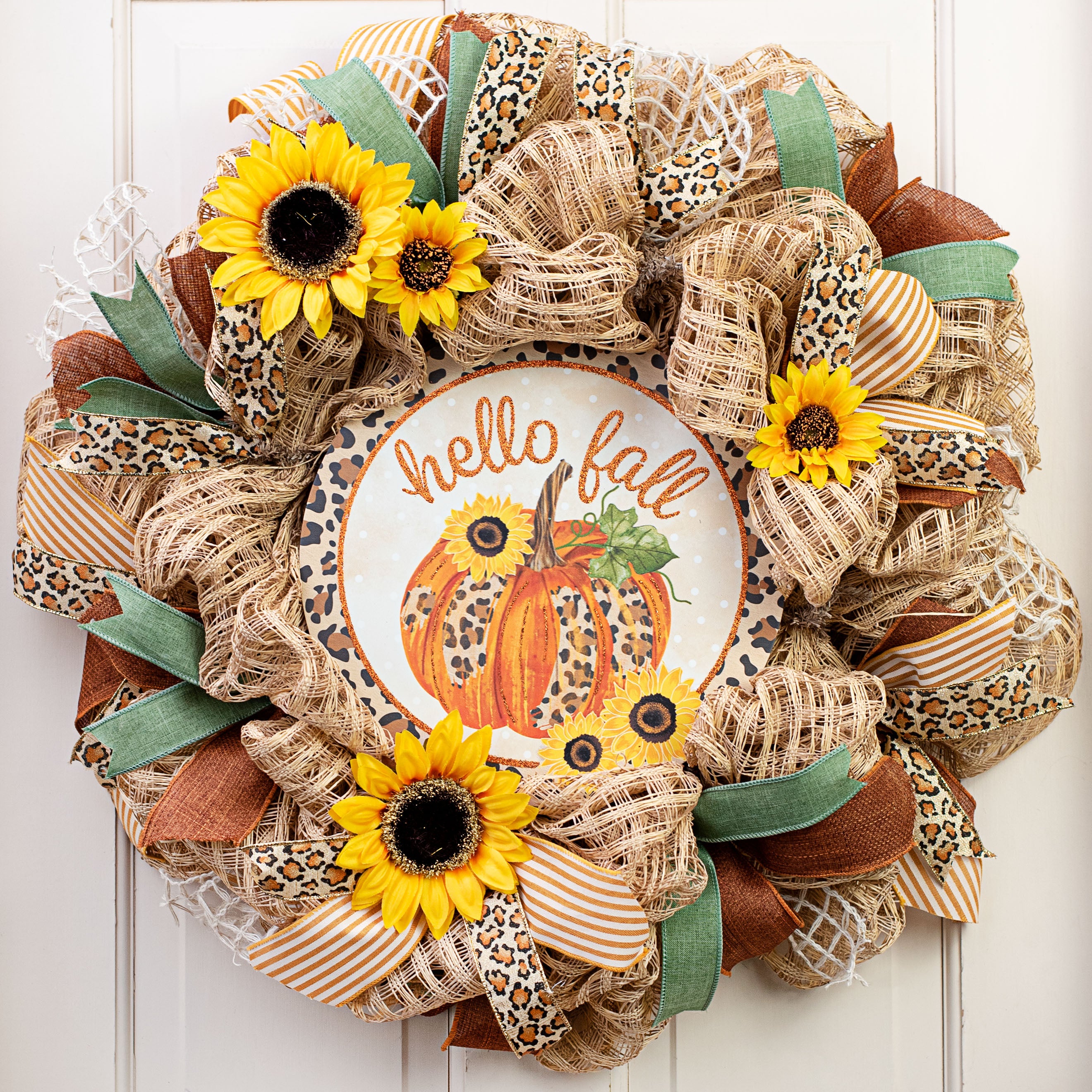 12" Metal Sign: Leopard Pumpkin, Hello Fall Lifestyle Photo