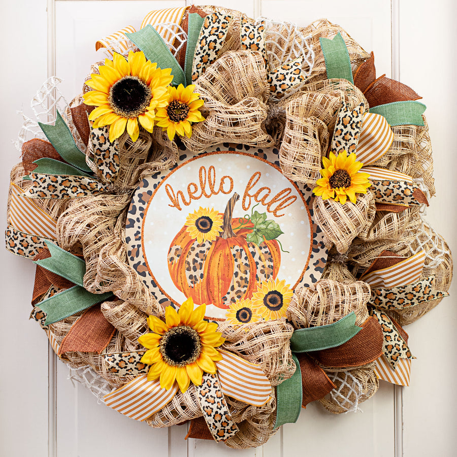 12" Metal Sign: Leopard Pumpkin, Hello Fall Lifestyle Photo