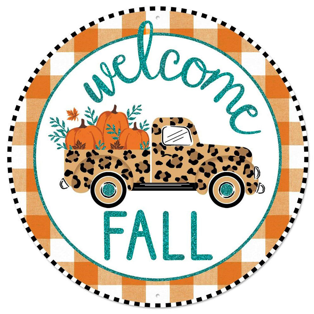 12" Metal Sign: Leopard Truck, Welcome Fall Item Number: MD0774