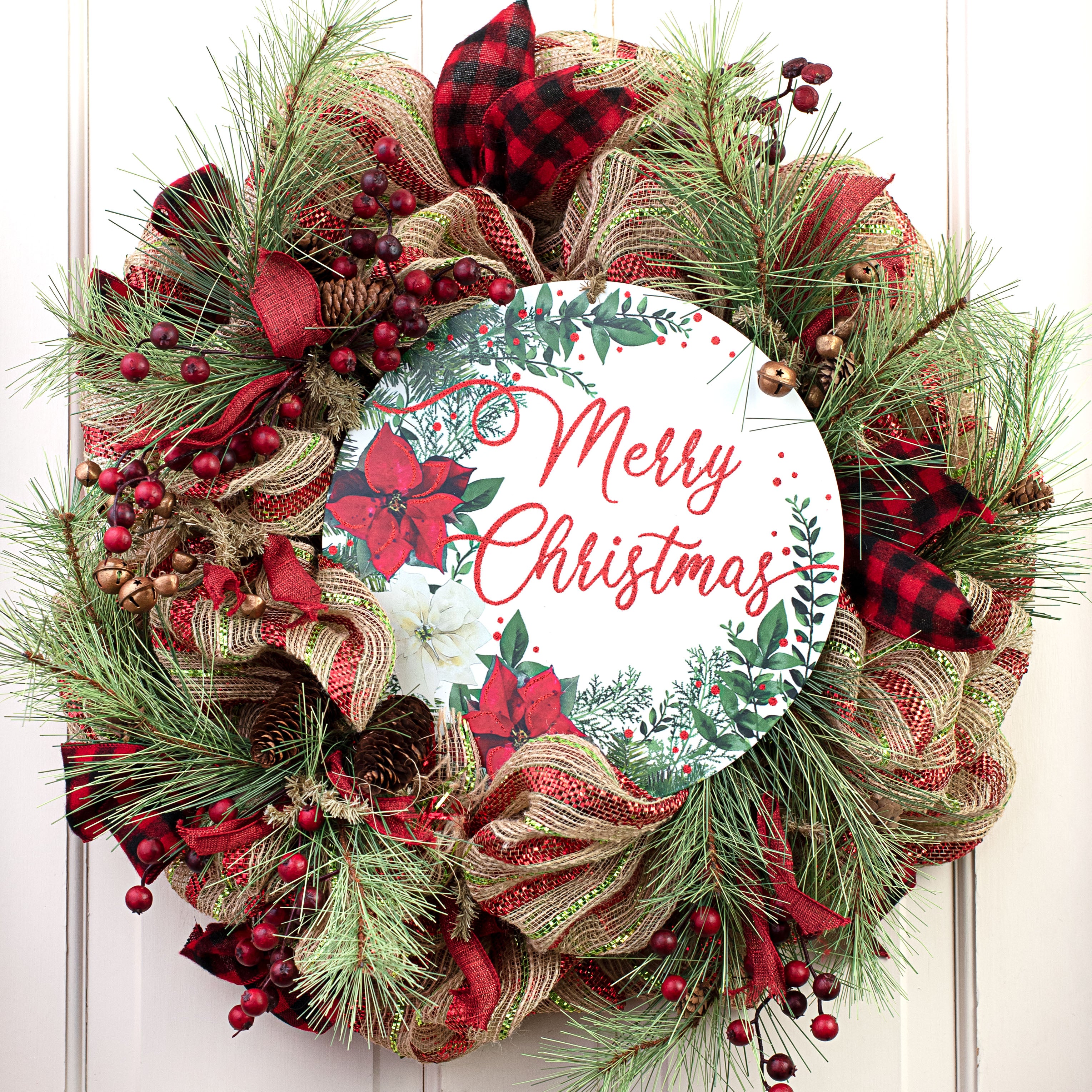 12" Metal Sign: Merry Christmas Poinsettias Lifestyle Photo