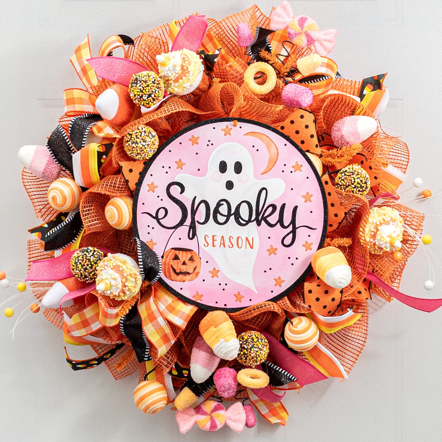 12" Metal Sign: Pink & Orange Spooky Ghost Lifestyle Photo