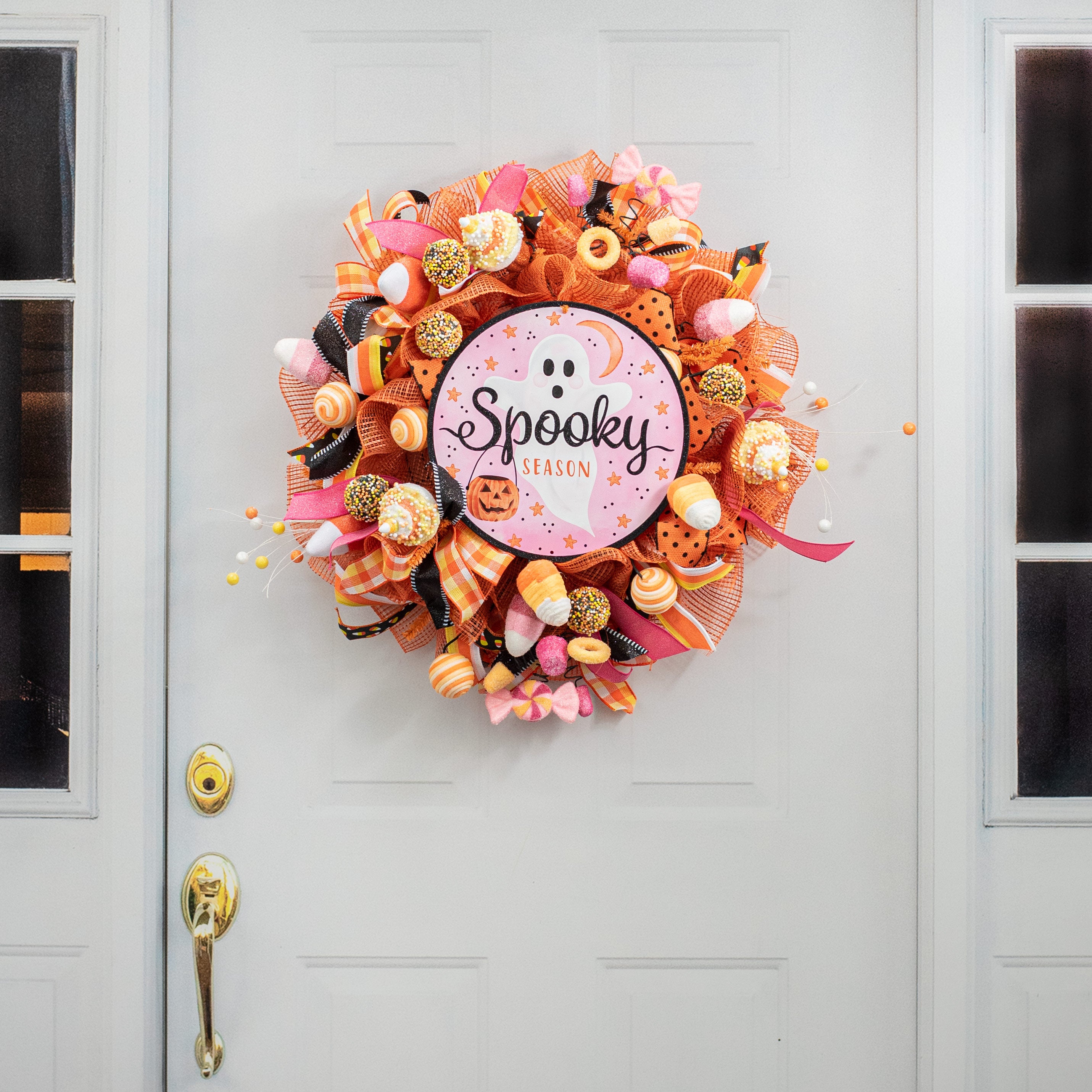 12" Metal Sign: Pink & Orange Spooky Ghost detail photo 4