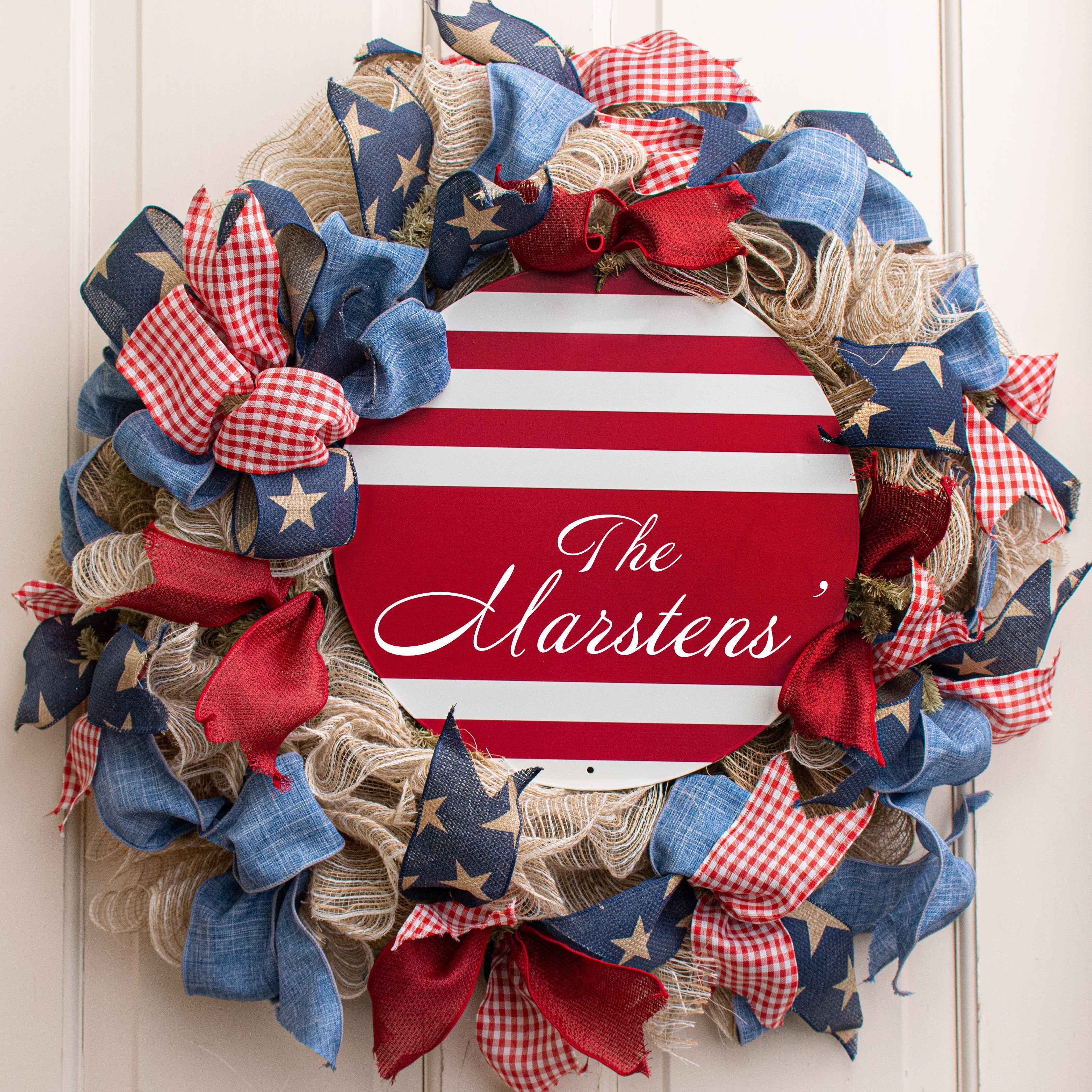 12" Metal Sign: Red With White Stripes Blank to Personalize Lifestyle Photo