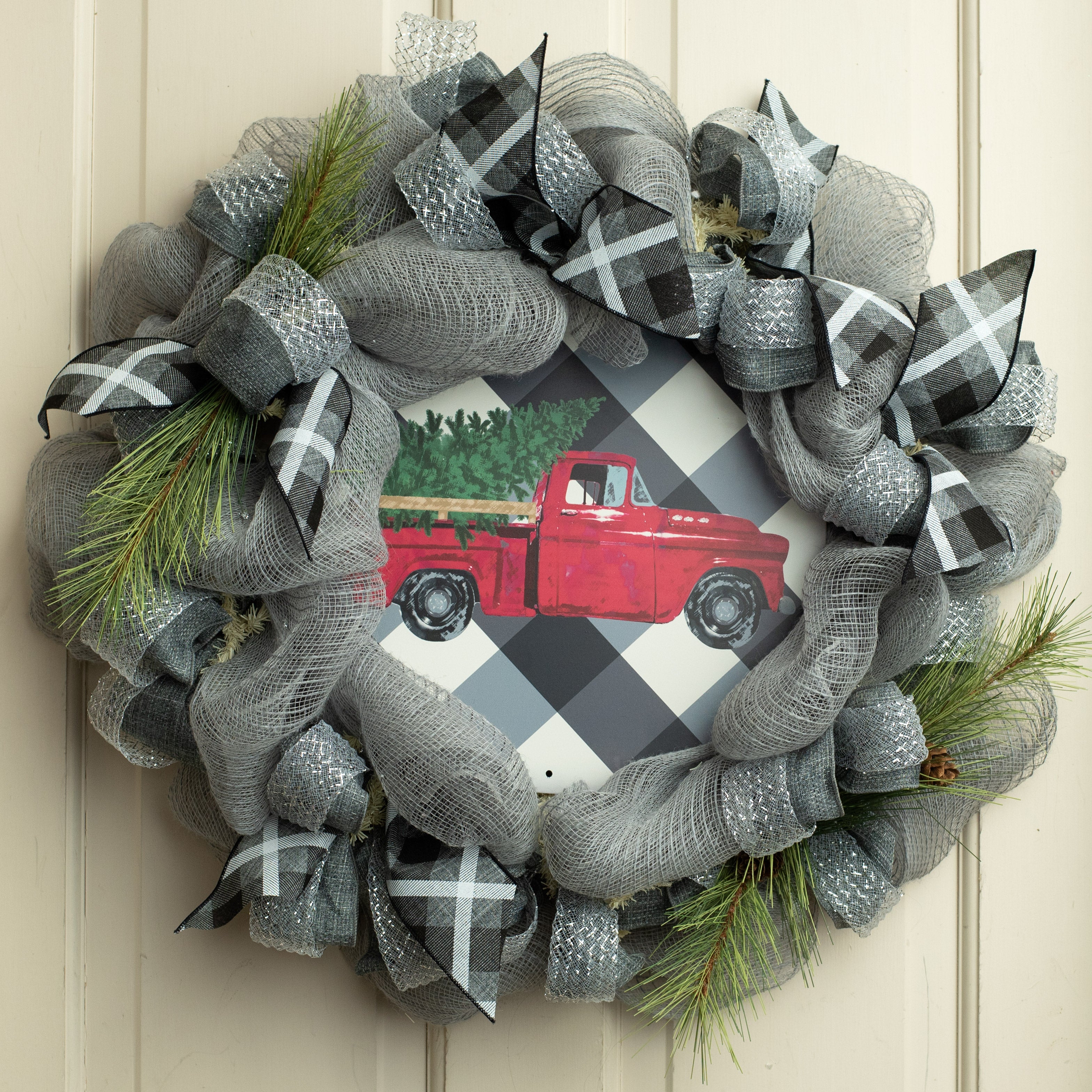 12" Metal Sign: Vintage Red Truck on Bold Plaid Lifestyle Photo