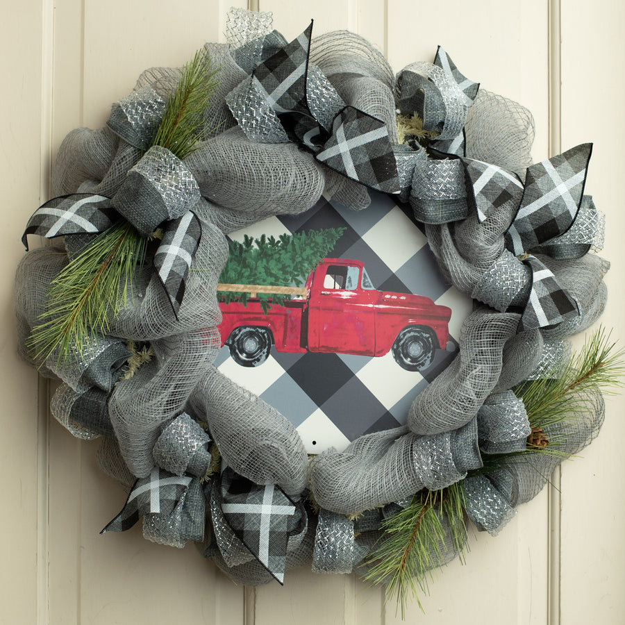 12" Metal Sign: Vintage Red Truck on Bold Plaid Lifestyle Photo