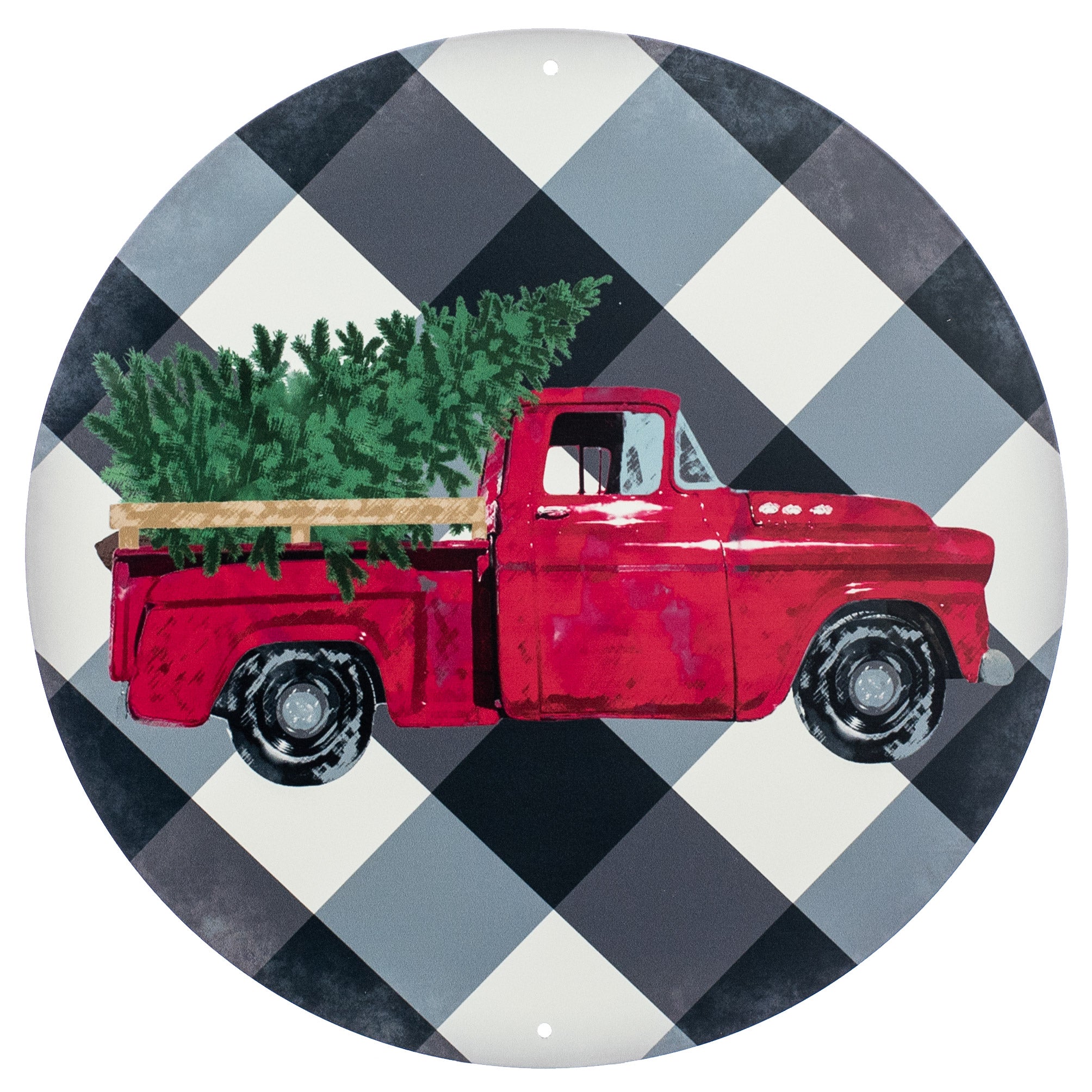 12" Metal Sign: Vintage Red Truck on Bold Plaid Item Number: MD0445